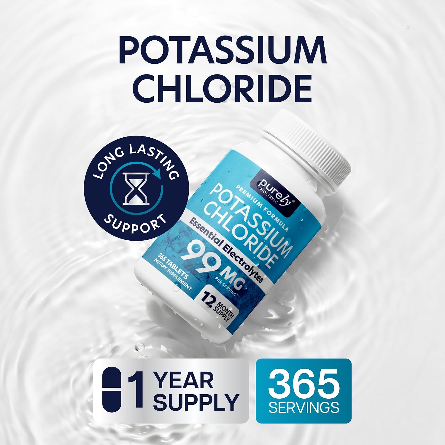 Potassium Chloride Supplement, 1 Year Supply, Heart Health & Fluid Support | With Potassium 99mg Per Serving for Circulatory Health Electrolyte & Fluid Balance Support, Gentle on Digestion, 365 Tablets