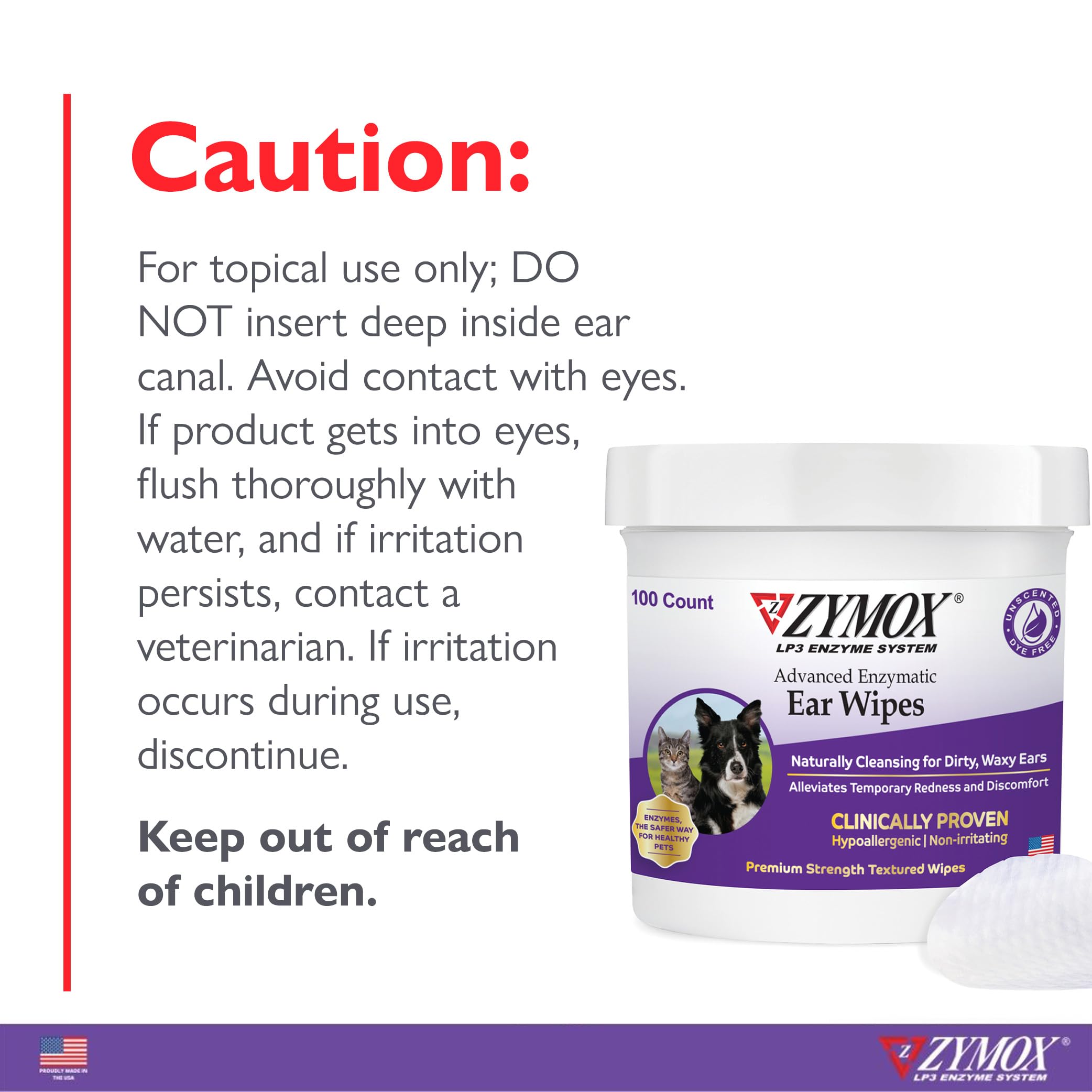 Zymox Advanced Enzymatic Ear Wipes for Dogs and Cats - for Dirty, Waxy, Smelly Ears - Premium Strength Ear Cleaner Wipes - Non-Irritating - Hypoallergenic - 100 ct