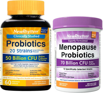 NewRhythm Probiotic Bundle: Complete Digestive Health + Menopause Relief with Black Cohosh, Prebiotics, 20 Strains, Targeted Release Technology, Non-GMO, 90 Total Capsules