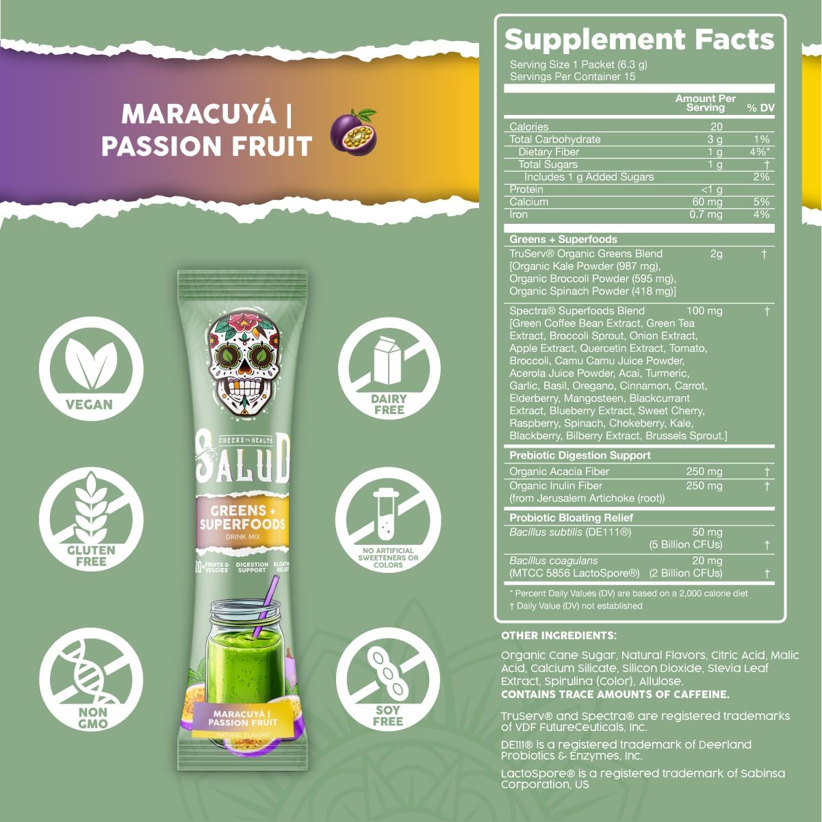 Salud 2-in-1 Greens Powder + Superfood Drink Mix, Passion Fruit | 20+ Fruits and Veggies, Probiotics, Prebiotics, Supports Digestive Health, Bloating Relief, Vegan (15 Servings)