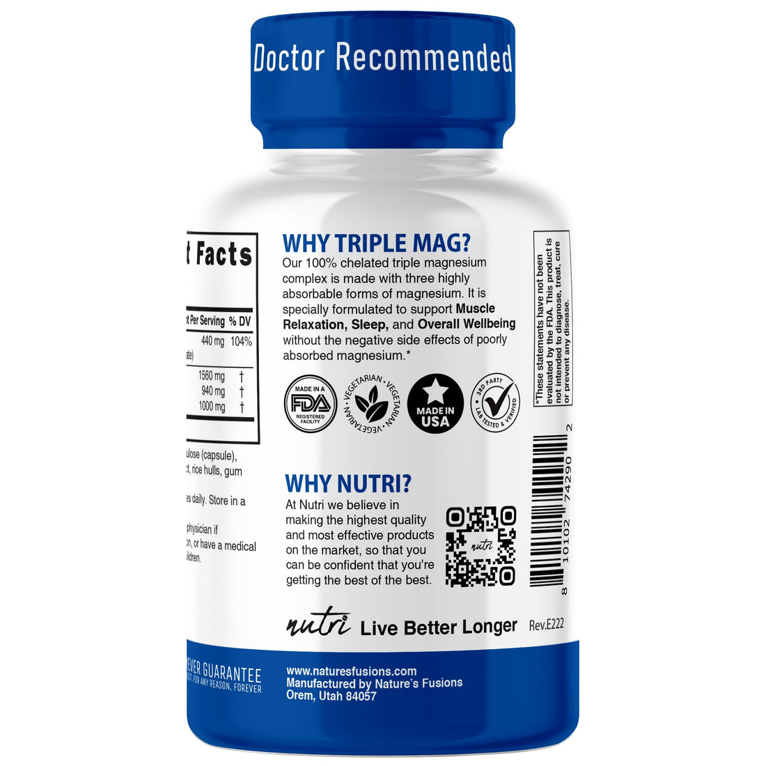 Supplement bottle labeled 'Triple Magnesium' with blue and white design on a white background