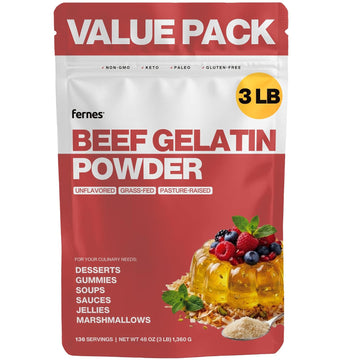 Fernes Beef Gelatin Powder (3 LB) Unflavored - Grass-Fed & Pasture-Raised, 225 Bloom Thickening Agent for Gummies, Marshmallows, Jellies, Desserts & Baking - Keto, Paleo, Non-GMO, Kosher, Gluten-Free