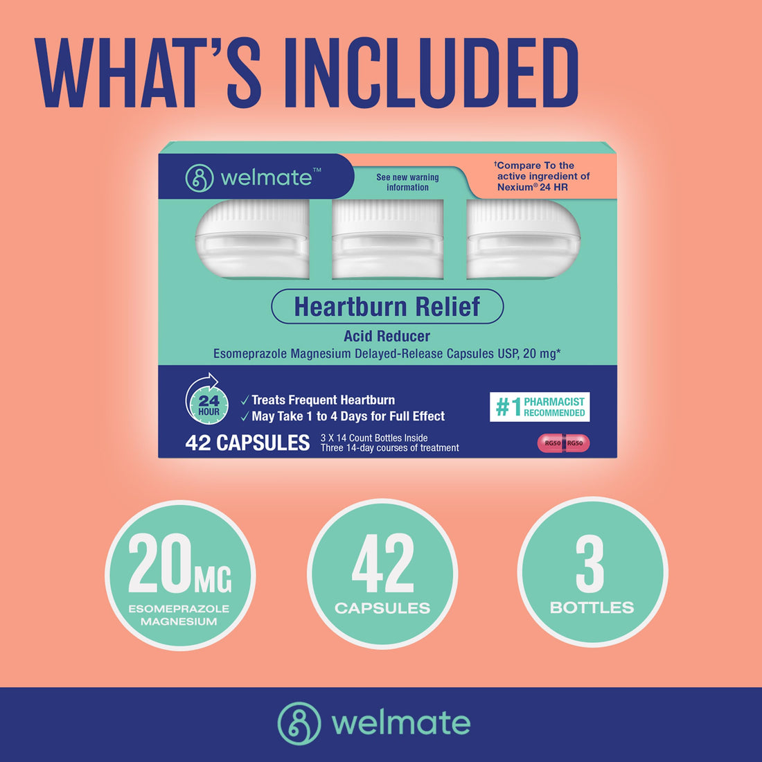 Welmate heartburn relief capsules packaging and bottle on a white background
