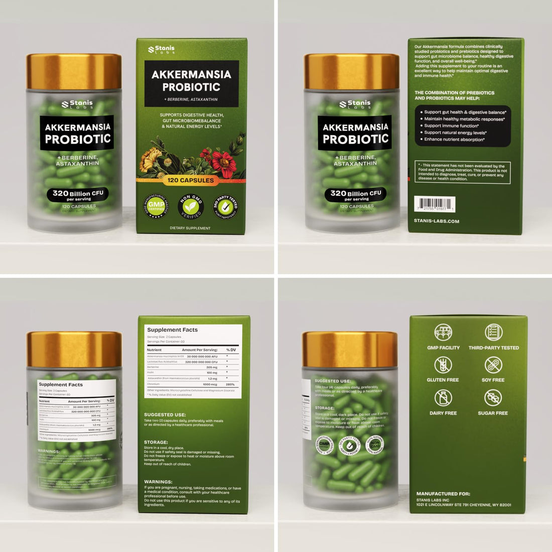 Akkermansia probiotic supplement with packaging and berries on a white background