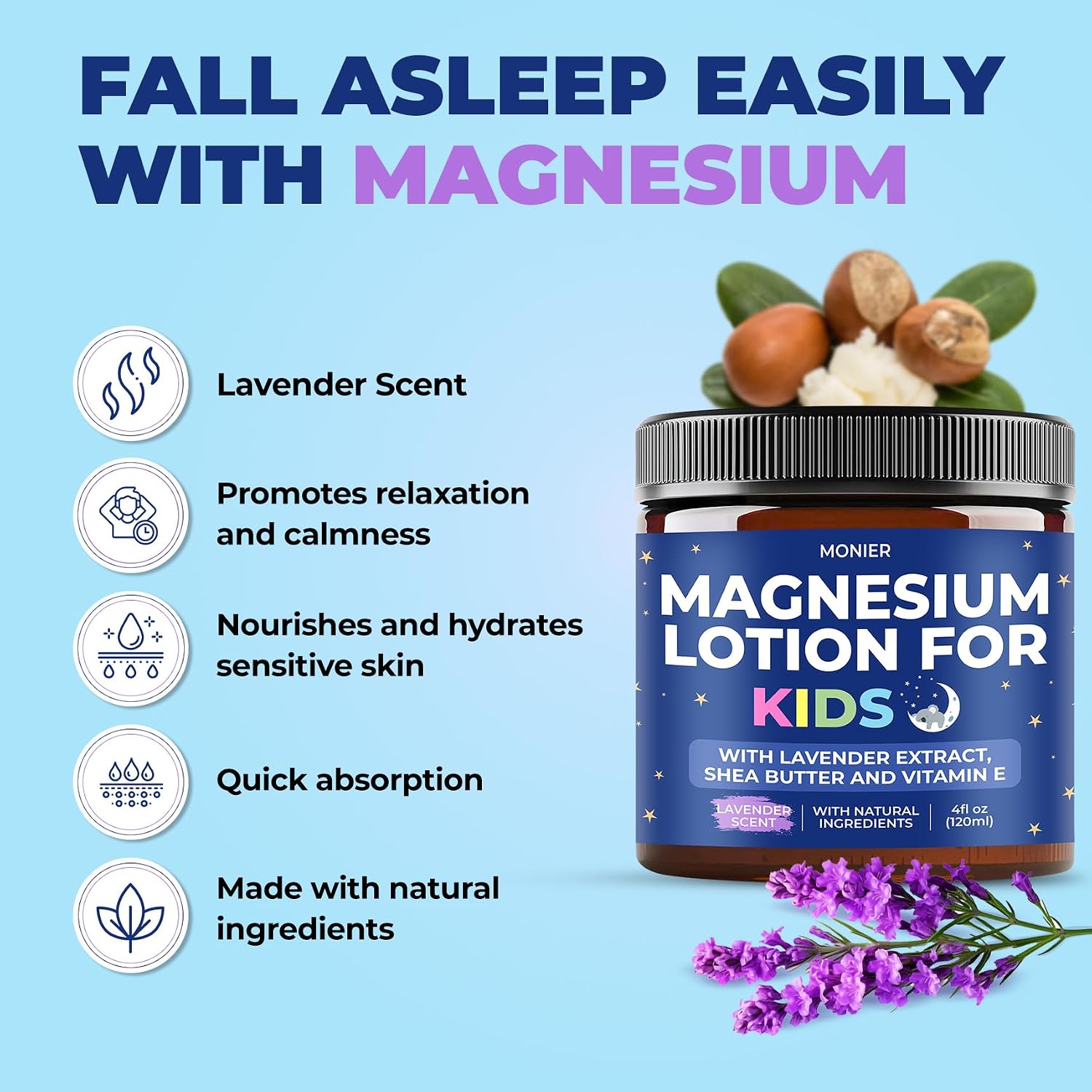 MONIER Magnesium Lotion for Kids - Relaxing Magnesium Cream with Lavender | with Lavender, Shea Butter, Aloe Vera, 100% Natural Ingredients (4 Oz, Unscented)