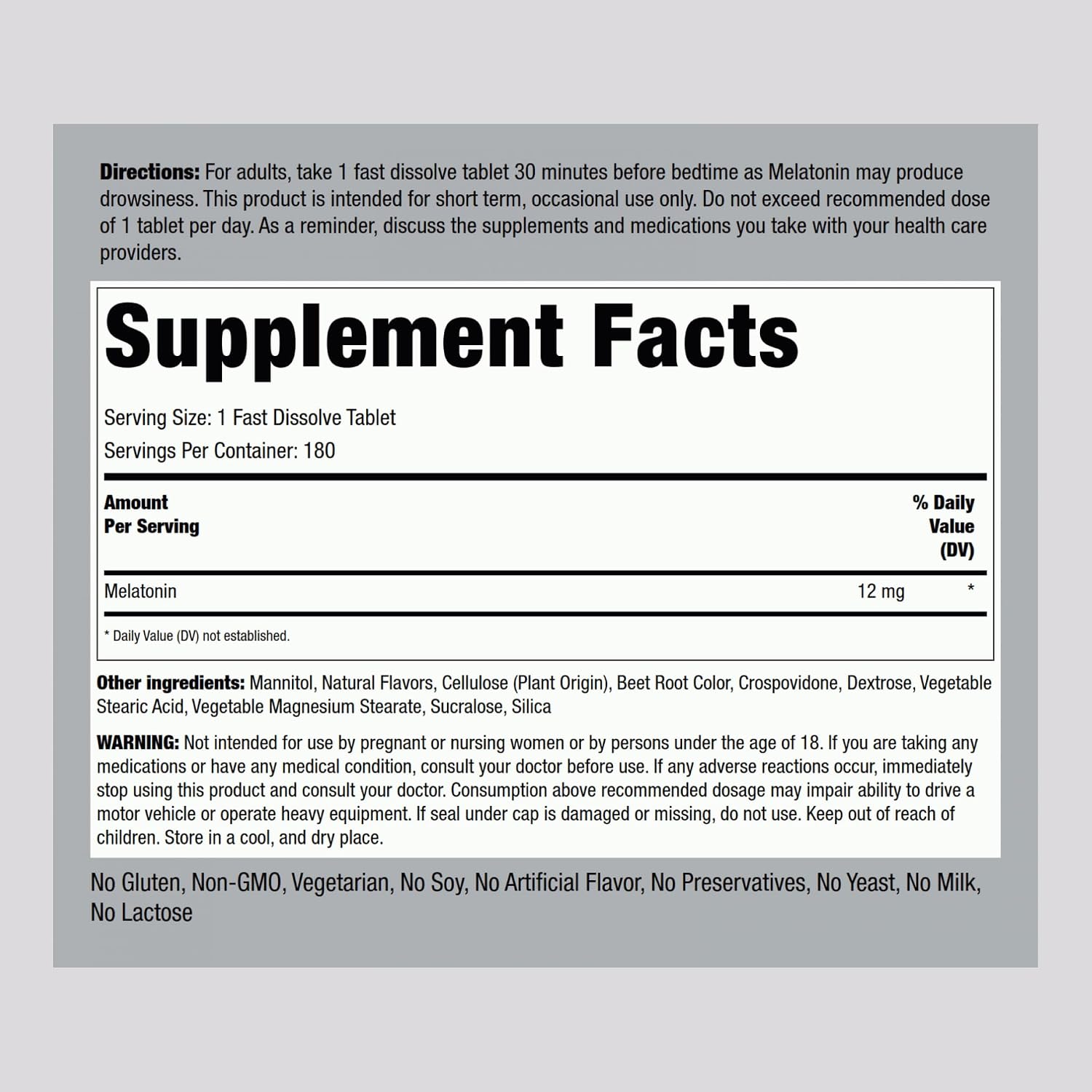 Piping Rock Melatonin 12 mg | 180 Fast Dissolve Tablets | Berry Flavor | Non-GMO, Gluten Free Supplement