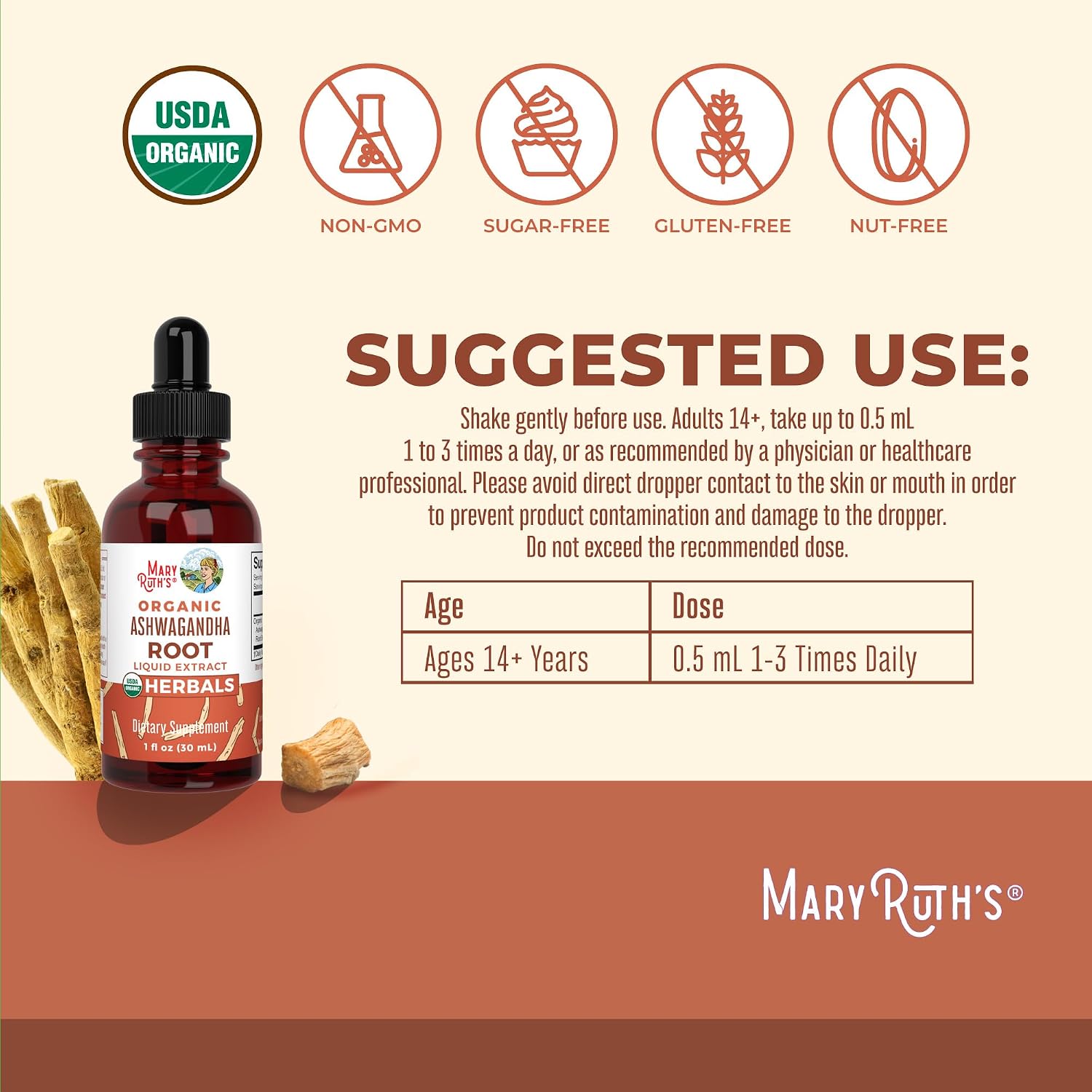 MARYRUTH'S Ashwagandha Root Liquid Drops | Mood & Stress Support Supplement | Calm & Relaxation | 590mg Ashwagandha | Adaptogen & Nervine | Vegan | USDA Organic | CLP Certified | Non-GMO | 1 oz
