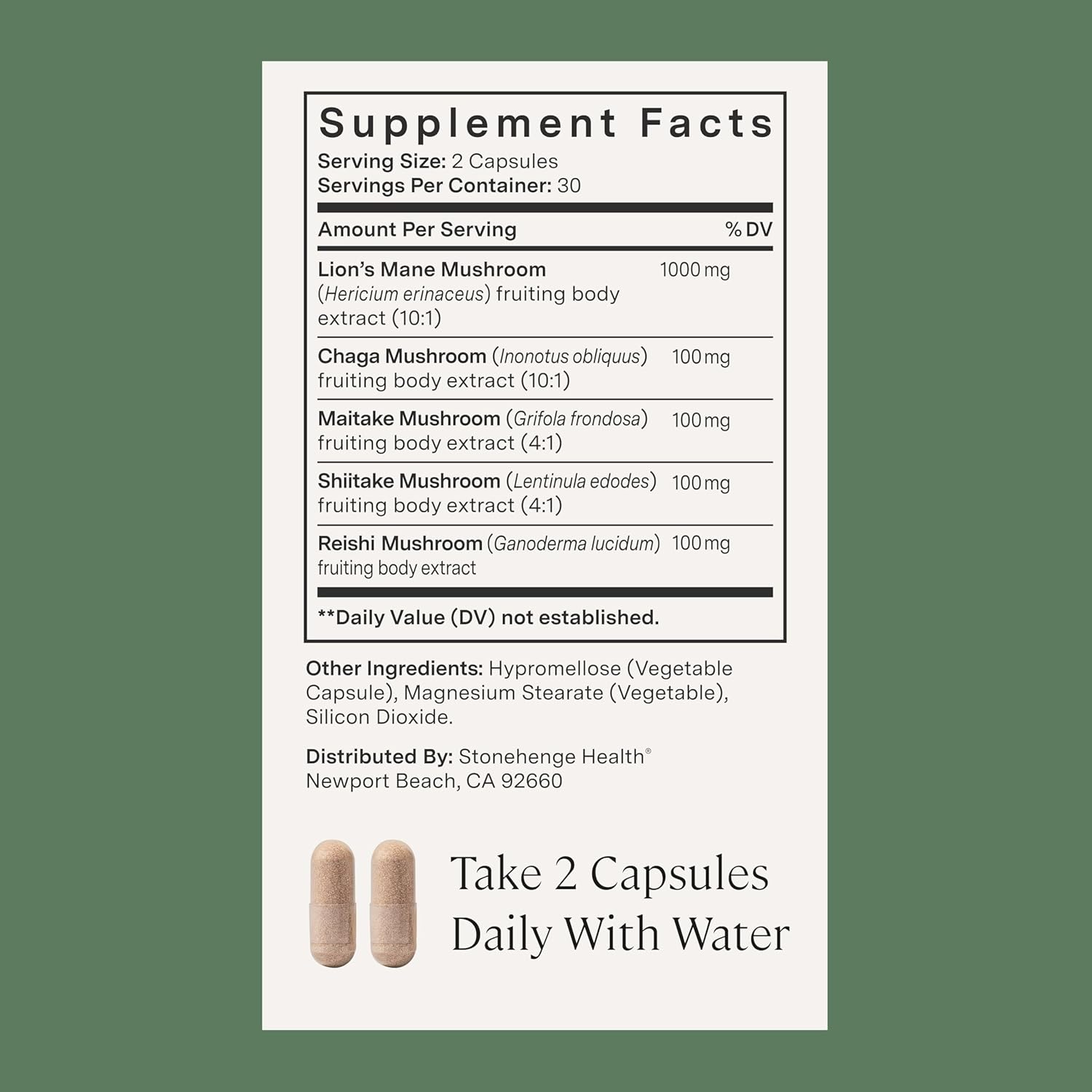 Stonehenge Health Dynamic Mushrooms 1,400 mg Per Serving, 5 Mushroom Complex (Lion’s Mane, Reishi, Chaga, Maitake, Shiitake) 100% Fruiting Bodies, No Mycelium – Brain, Memory & Immune Support 60 Caps