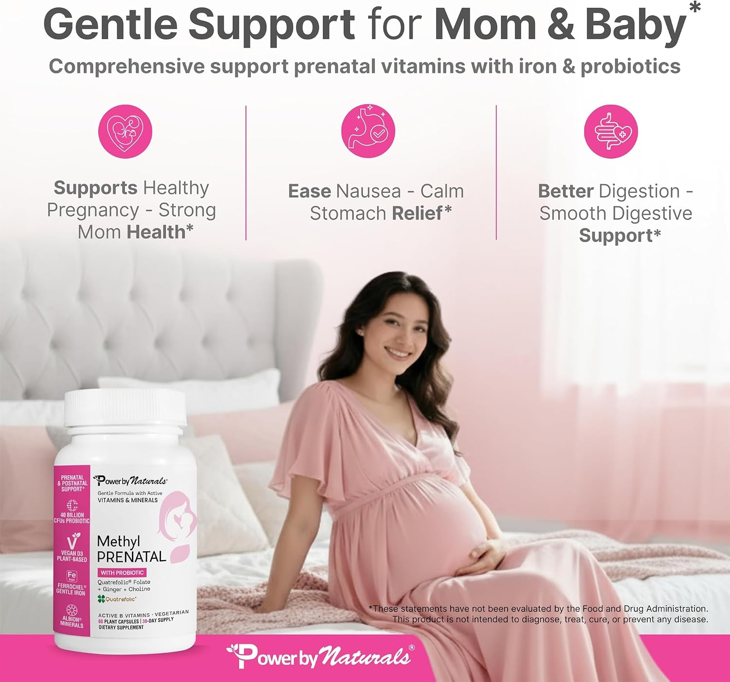 Power By Naturals Methyl Prenatal with Probiotics – Prenatal Vitamins for Women with Iron, Methyl Folate, B12 & 28 Nutrients & Botanicals – Vegan, Non-GMO, Gluten-Free – 60 Capsules (1-Month Supply)