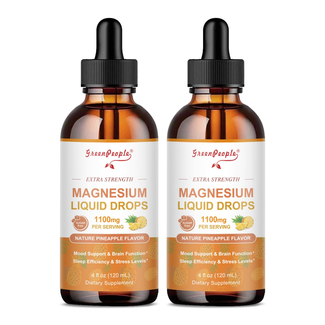 Two bottles of Green People magnesium liquid drops on a white background