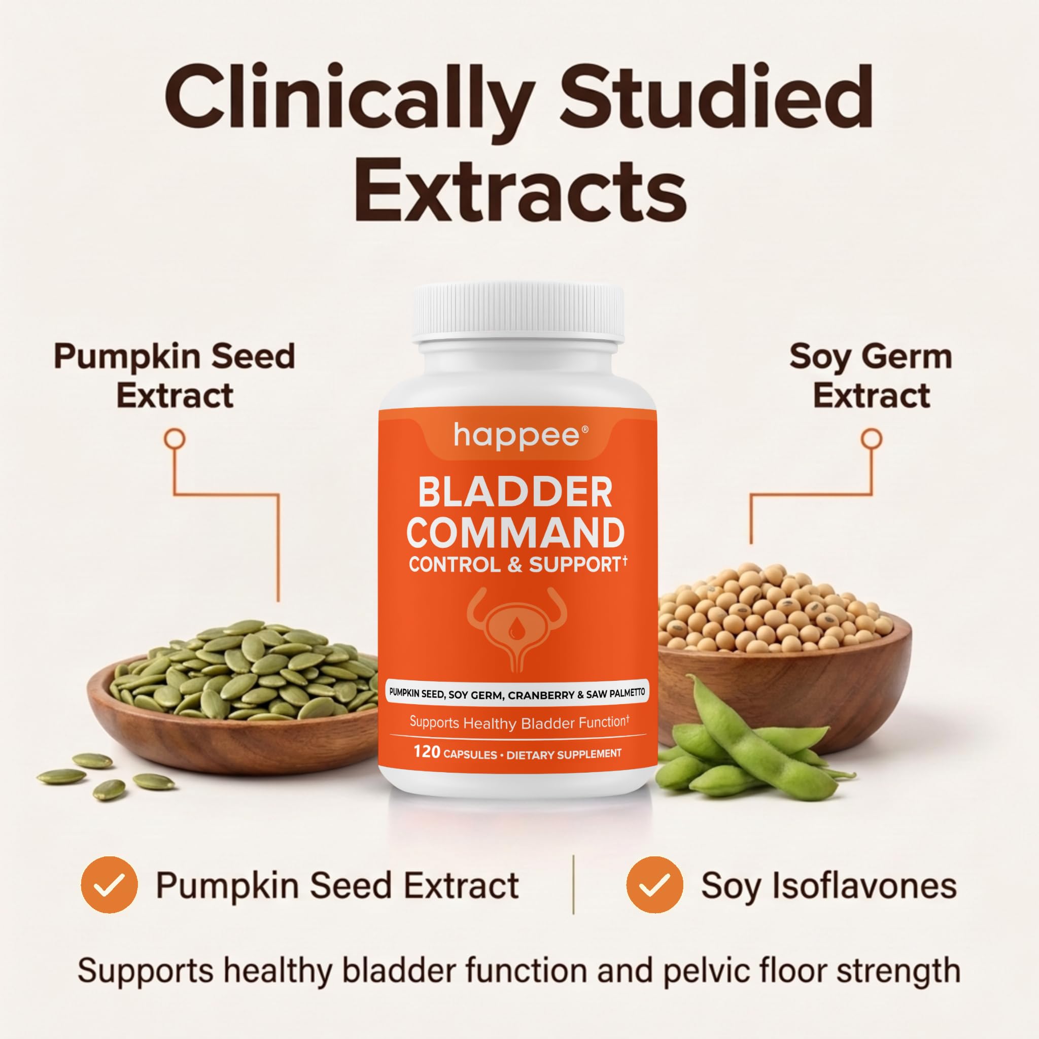 Happee Bladder Control Supplement for Women & Men - Pumpkin Seed Extract, Soy Germ, Saw Palmetto & Cranberry Blend - Bladder Support for Urinary Frequency, Leaks & Urgency - 60 Capsules