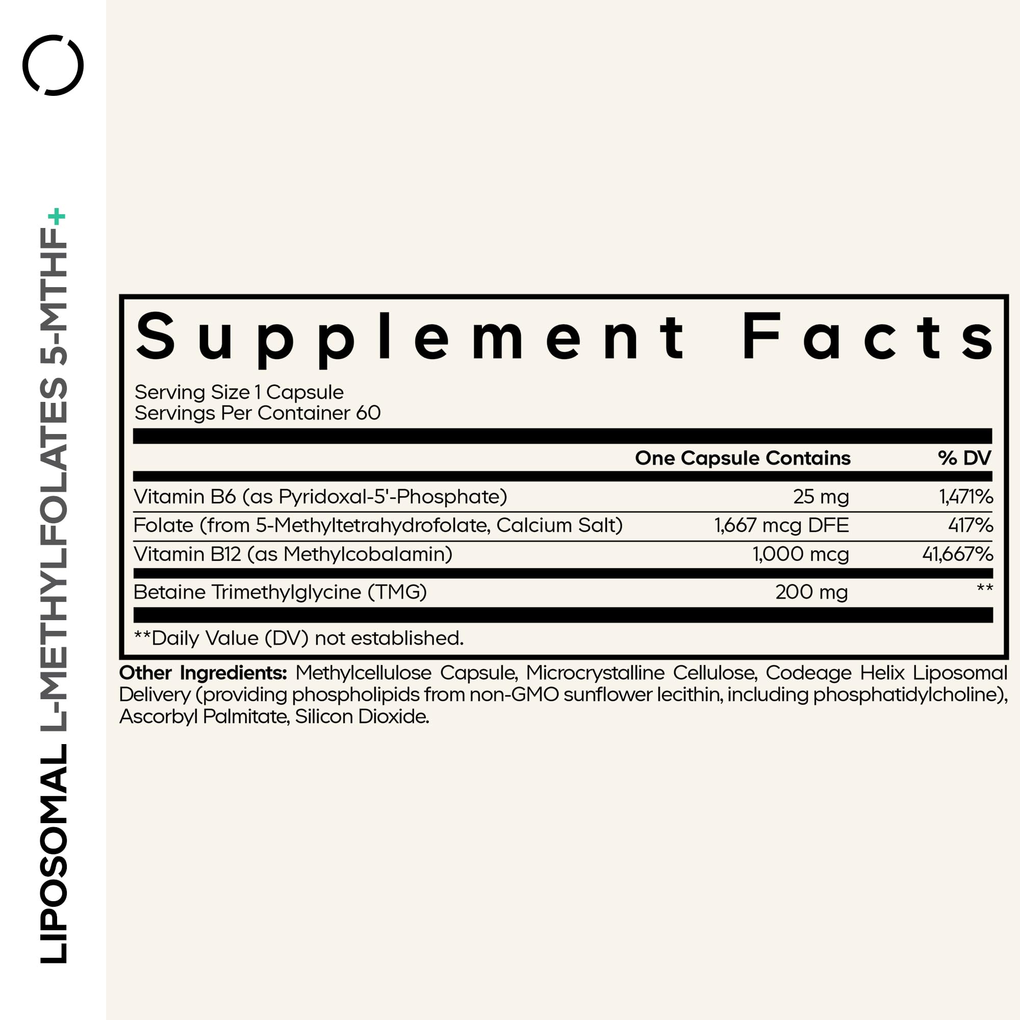Codeage Liposomal L-Methylfolate 5-MTHF+ - Active Vitamin B9, Methylcobalamin B12, Betaine TMG, B6-2-Month Supply Multivitamins - Liposomal Delivery - Bioavailable B-Vitamin Complex - 60 Capsules CodeageBuy Supplements Australia