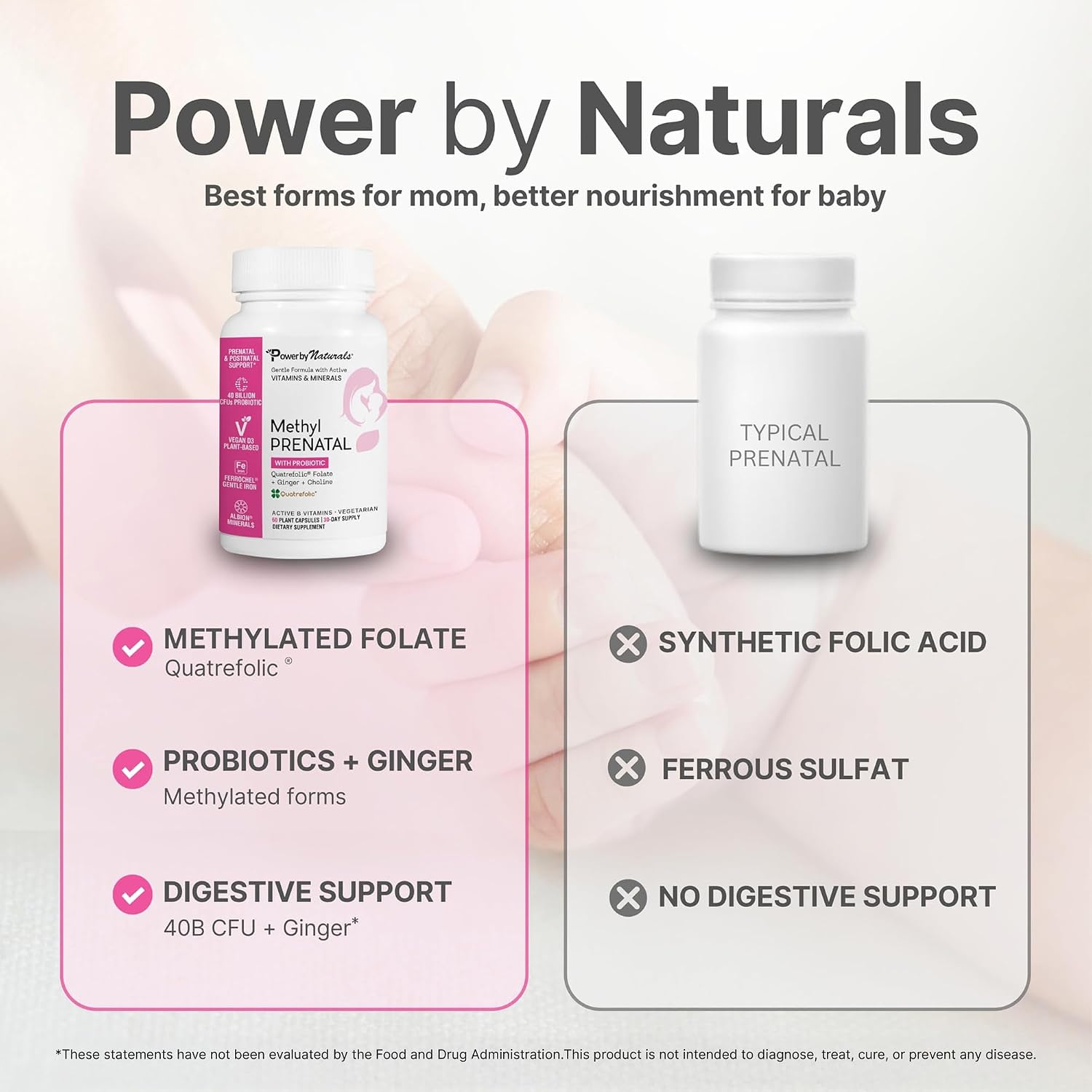 Power By Naturals Methyl Prenatal with Probiotics – Prenatal Vitamins for Women with Iron, Methyl Folate, B12 & 28 Nutrients & Botanicals – Vegan, Non-GMO, Gluten-Free – 60 Capsules (1-Month Supply)
