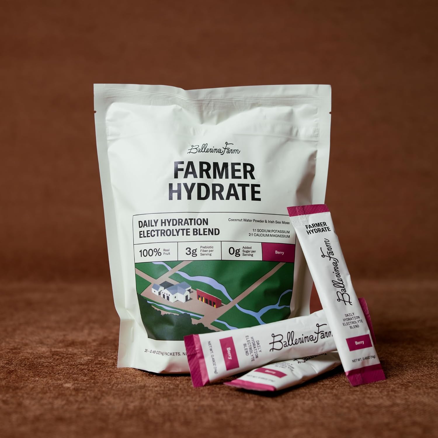 Ballerina Farm Farmer Hydrate Berry Electrolyte Powder Packets | Travel Ready, Organic Coconut Water, Irish Sea Moss, French Sea Salt, 210mg Sodium, 25 Count
