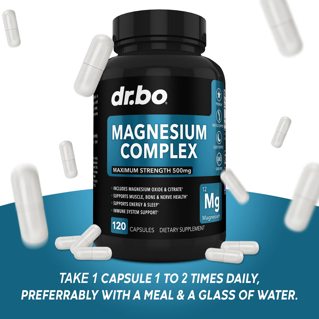 Dr. Bo Magnesium Complex supplement bottle on a white background