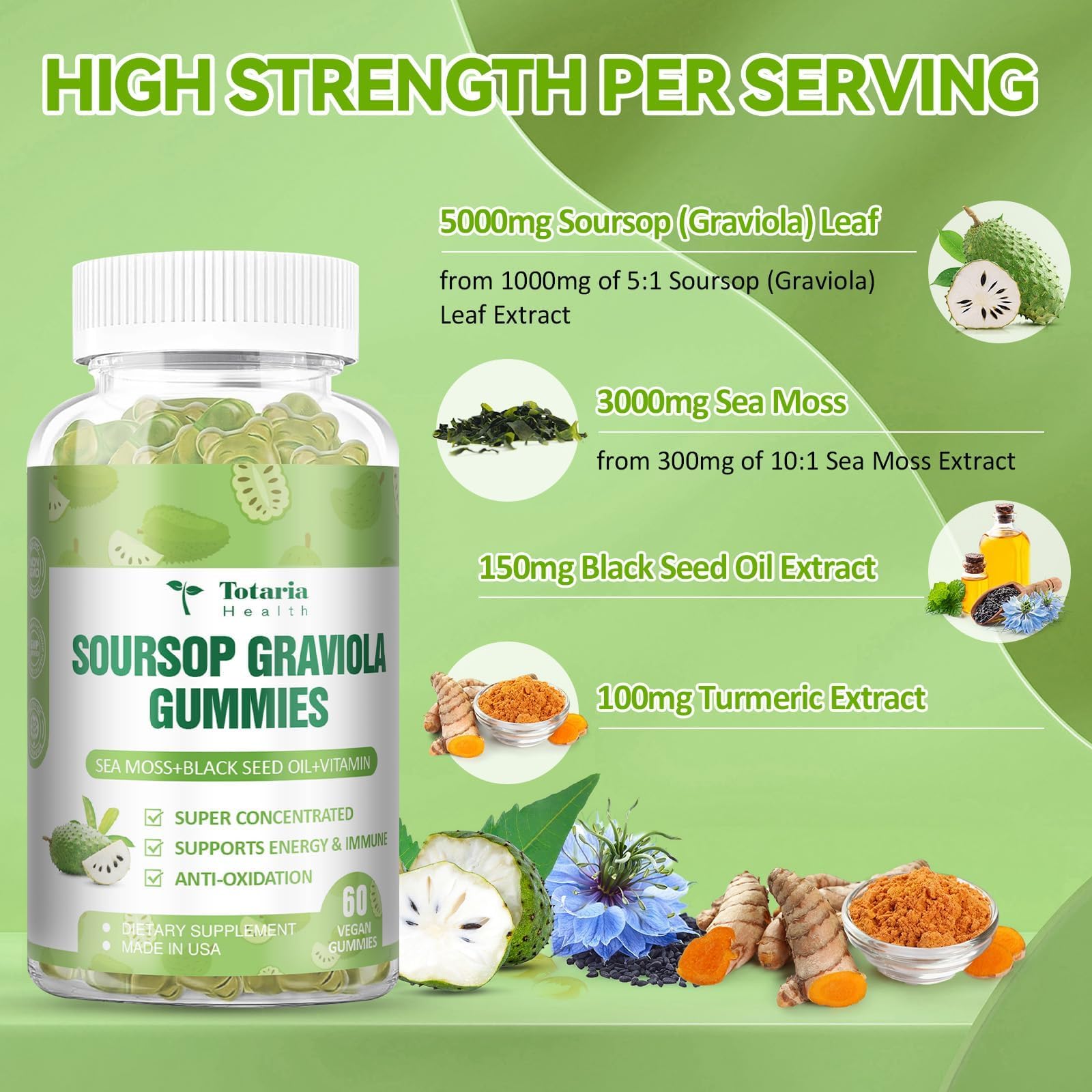 Totaria Sugar Free Soursop Oil Graviola Sea Moss Gummies - Support Digestive Sleep Skin Health, Immunity & Antioxidant - Guanabana Fruit with Sea Moss, 150mg Black Seed Oil Organic Non-GMO Vegan
