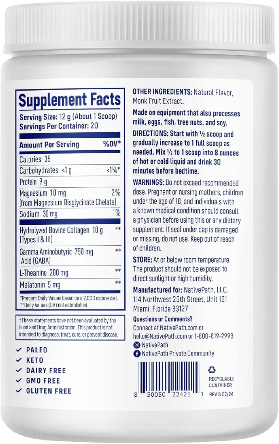 NativePath Collagen PM Honey Chamomile with Melatonin, 20 Servings | Grass-Fed Peptides, Magnesium, GABA & L-Theanine, Supports Restful Sleep, Skin & Hair, No Added Sugar