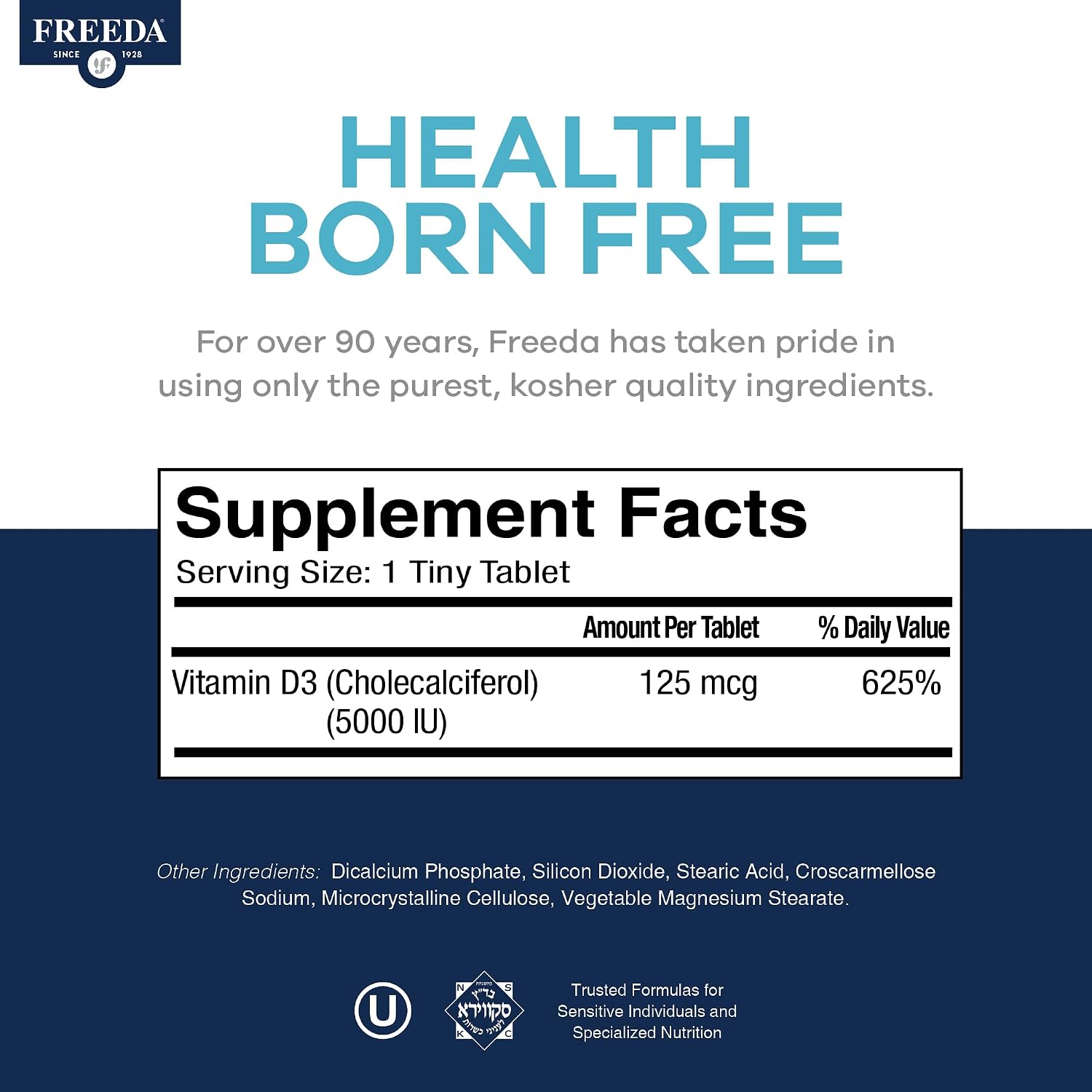 FREEDA Vitamin D3-5000 IU - Pure High Potency Kosher Supplement Tablets - Bone and Muscle Health, Calcium Absorption, Immune Support for Men and Women* - 250 Count | High Potency Vitamin D3 Supplement with 5000 IU Tablets - Support Bone Health, Muscle Fun