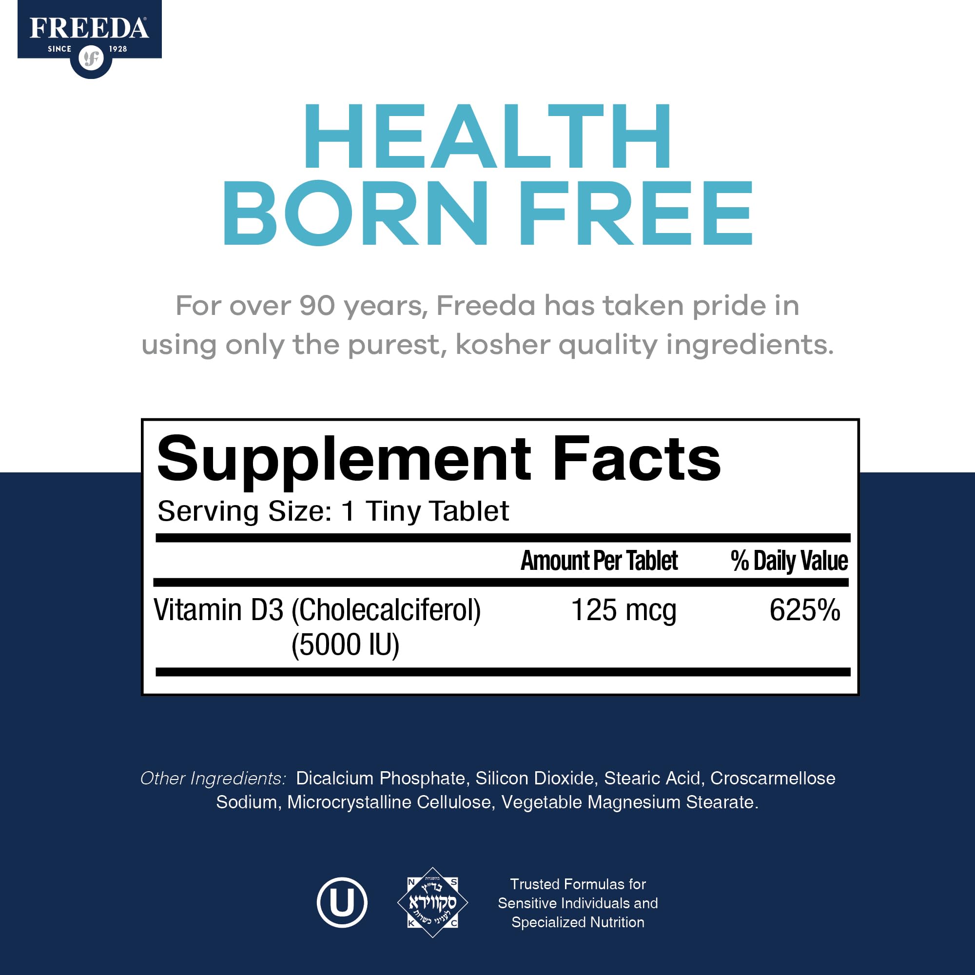 FREEDA Vitamin D3-5000 IU - Pure High Potency Kosher Supplement Tablets - Bone and Muscle Health, Calcium Absorption, Immune Support for Men and Women* - 250 Count | High Potency Vitamin D3 Supplement with 5000 IU Tablets - Support Bone Health, Muscle Fun
