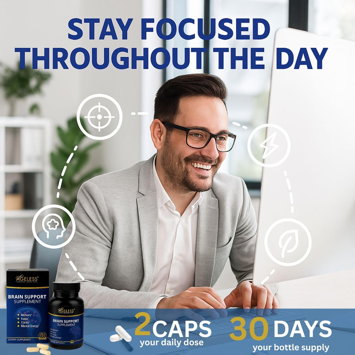 Ageless Brain Supplement for Memory and Focus, 60 Capsules | Mental Clarity & Cognitive Support Formula with Vitamins B6 & B12 | Supports Brain Health, Alertness & Daily Performance
