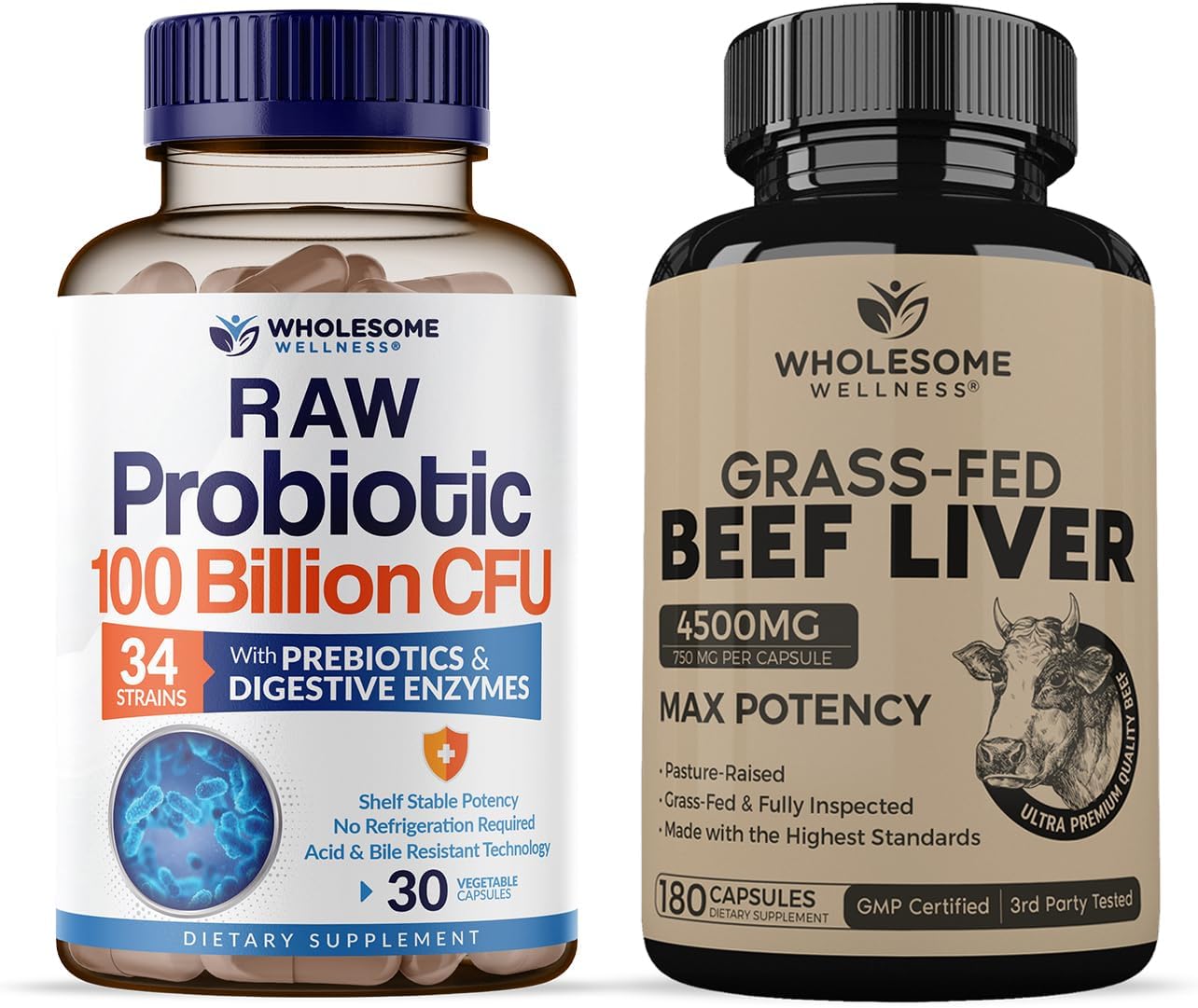 Wholesome Wellness Organic Probiotics 100 Billion CFU + Grass Fed Desiccated Beef Liver Capsules Bundle