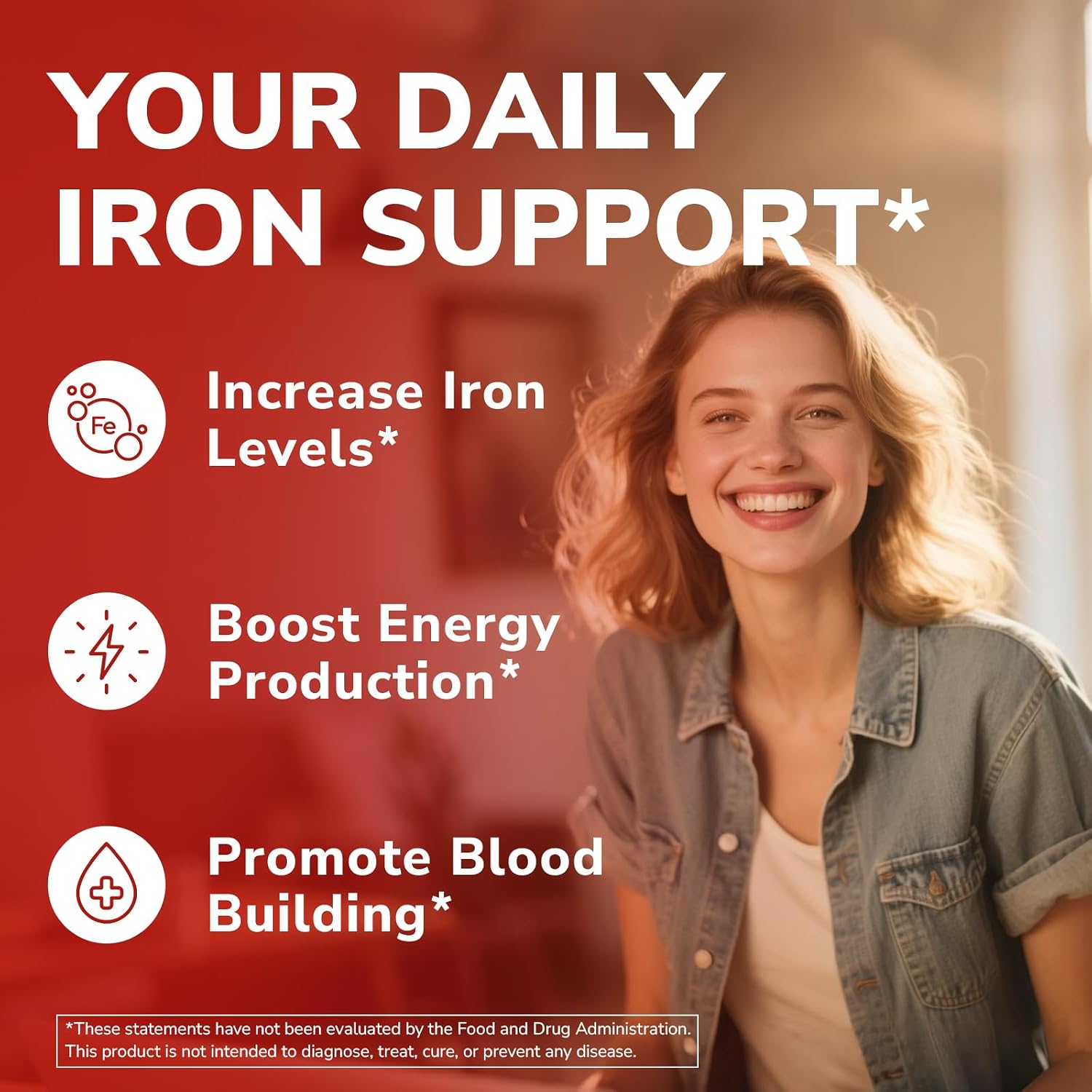 Iron Supplement, 65mg Complex Ferrous Bisglycinate, Sulfate, Carbonyl Iron | with Natural Vitamin C, Stomach Friendly Iron Pills for Blood Building, High Absorption, Non GMO, 60 Vegan Tabs