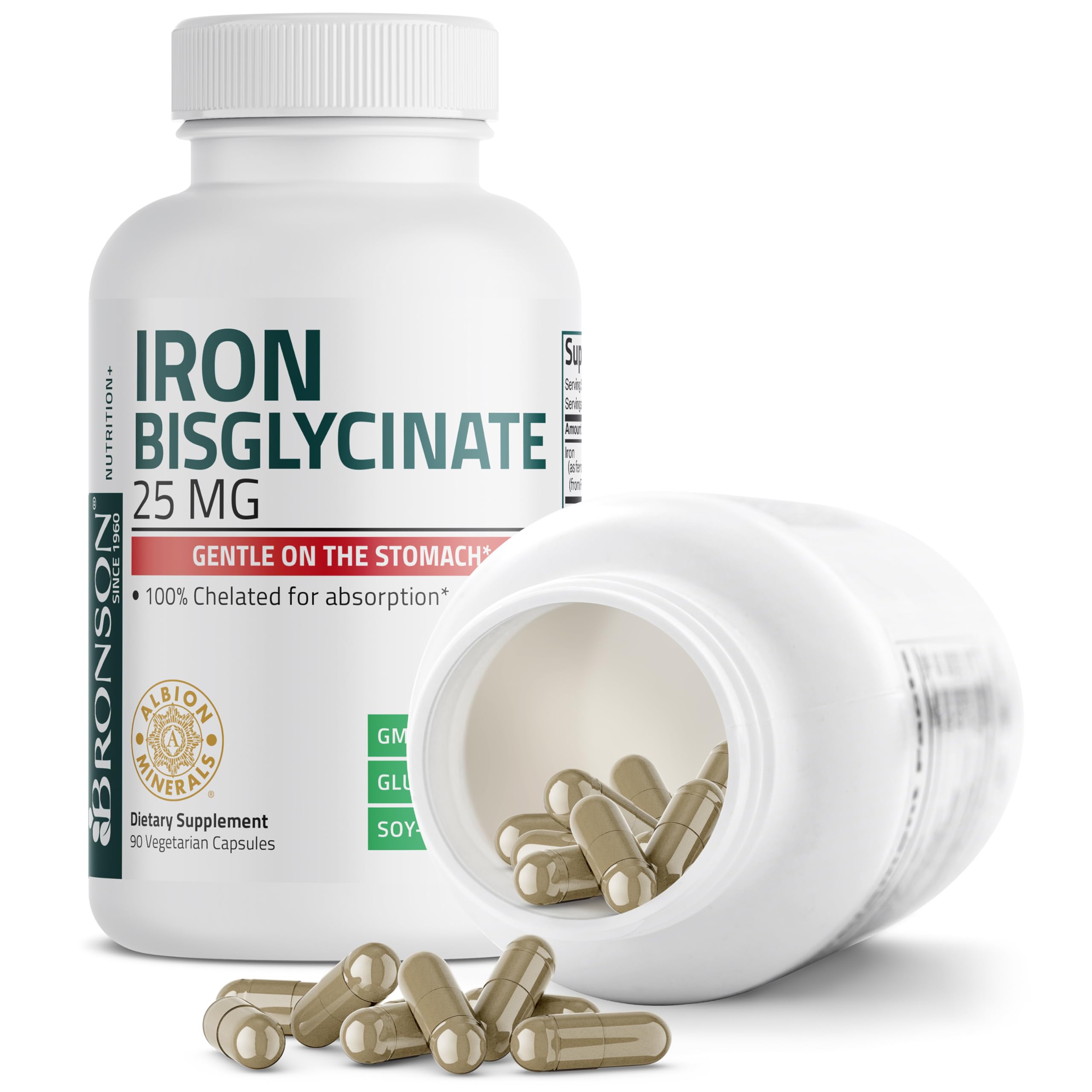 Bronson Iron Bisglycinate 25 mg Gentle on The Stomach, Supports Energy & Healthy Red Blood Cell Production - Non-Constipating Formula - Non GMO, 90 Vegetarian Capsules