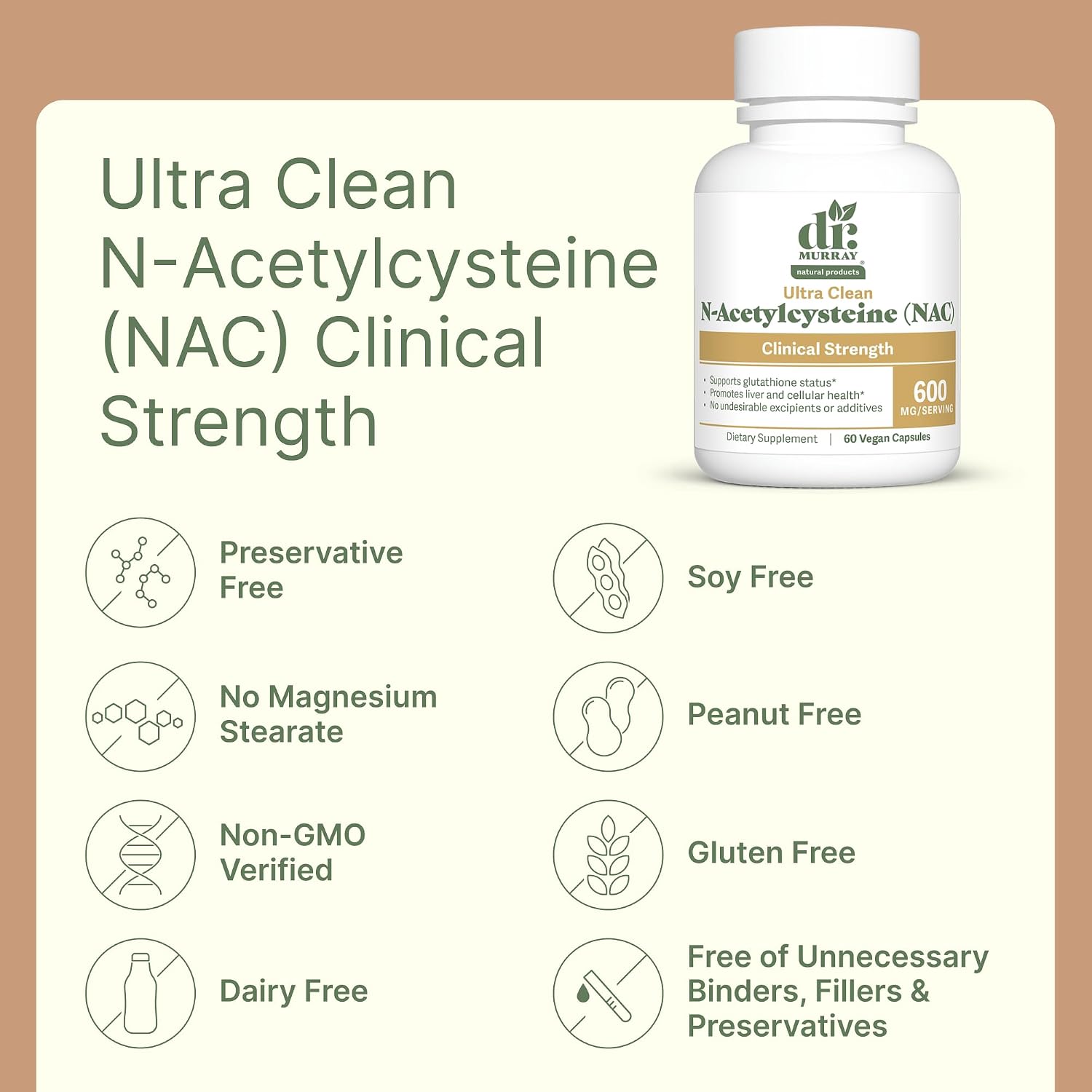 Dr. Murray's Ultra Clean N-Acetylcysteine NAC Supplement 600 mg - Respiratory & Liver Support | Vegan | Non-GMO | Gluten Free | Third-Party Tested | 120 Capsules