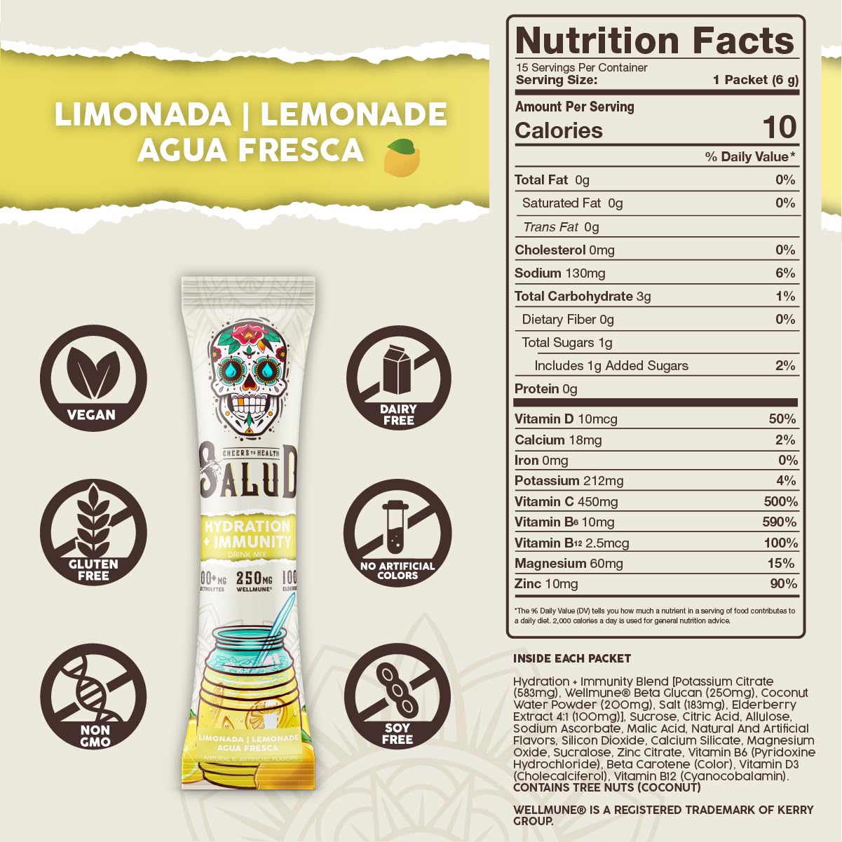 Salud 2-in-1 Hydration + Immunity Drink Mix, Cucumber Lime | Electrolytes Powder, Agua Fresca, Elderberry, Dairy & Soy Free, Non-GMO, Gluten Free, Vegan, 1g Sugar (15 Servings)