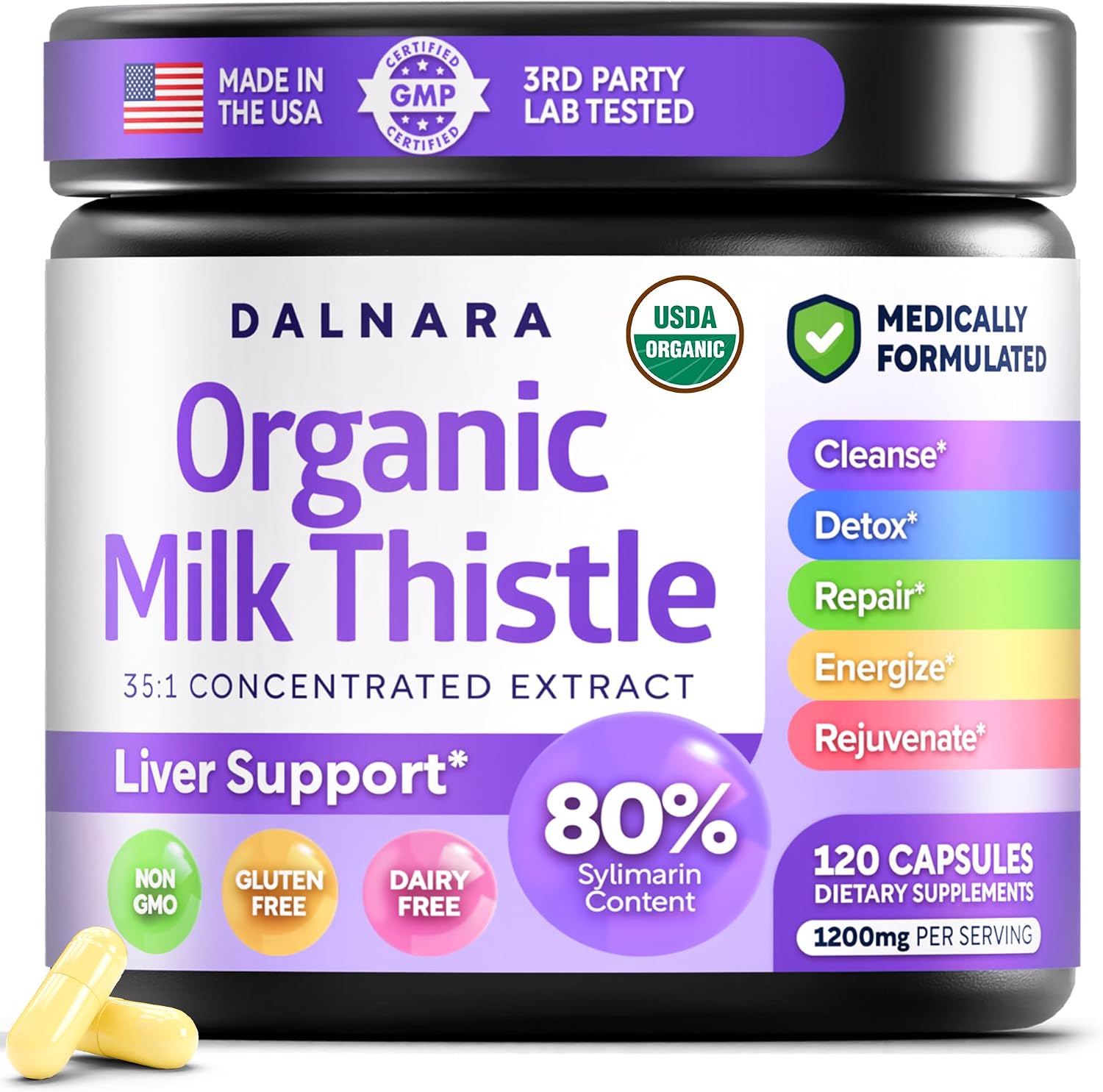 USDA Organic Milk Thistle | 80% Silymarin Flavonoids | 35:1 Extract | 240ct