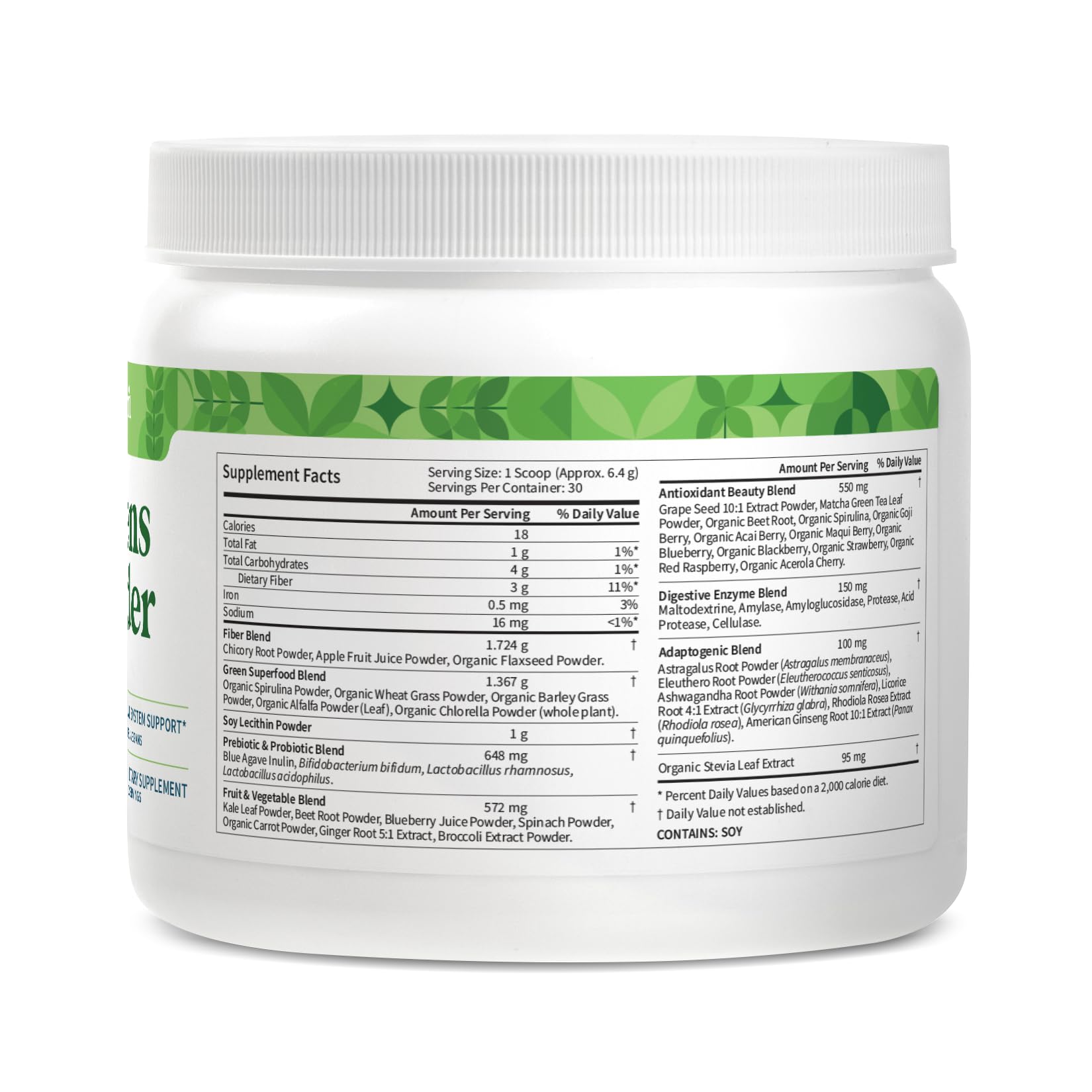 Pattern Wellness Greens Powder Superfood – with Antioxidant, Digestive Enzyme, Fiber, Probiotic & Adaptogen Blends – Digestion, Immunity & Energy Production – 30 Servings – Original Flavor – (6.77 oz)