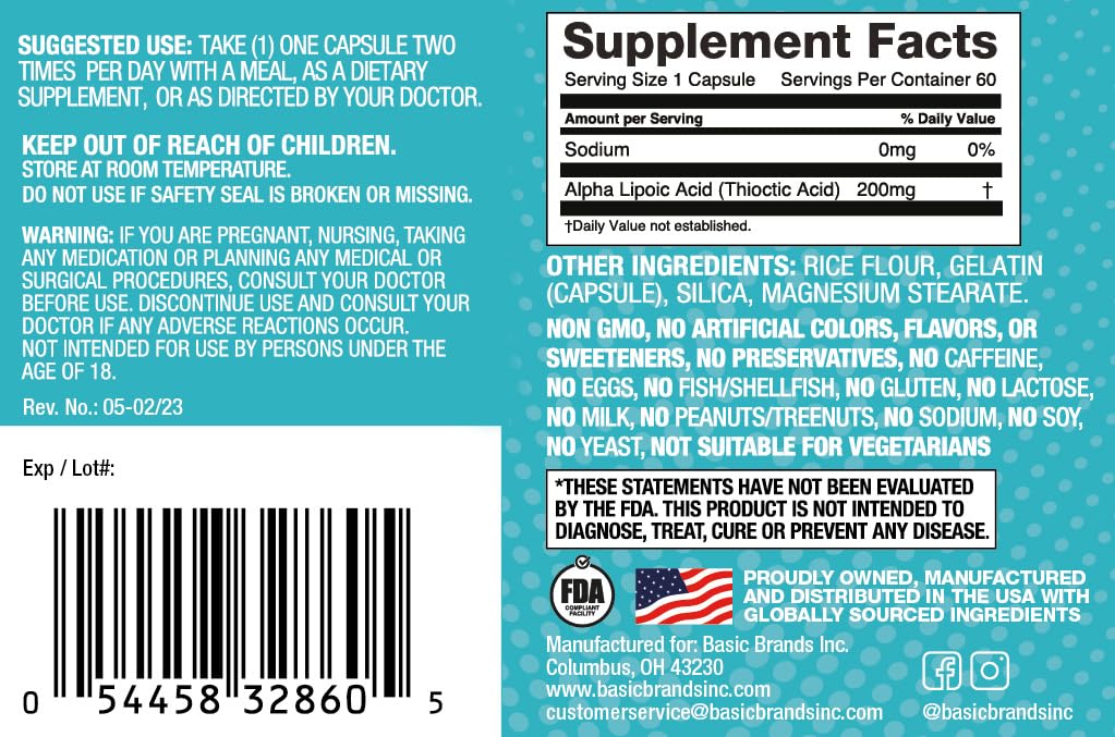 Basic Brands Nerves Alpha Lipoic Acid, 200 mg 1 Pack | Antioxidant, Immune Support, Eye Health Support, Heart Health Support, Nerve Health