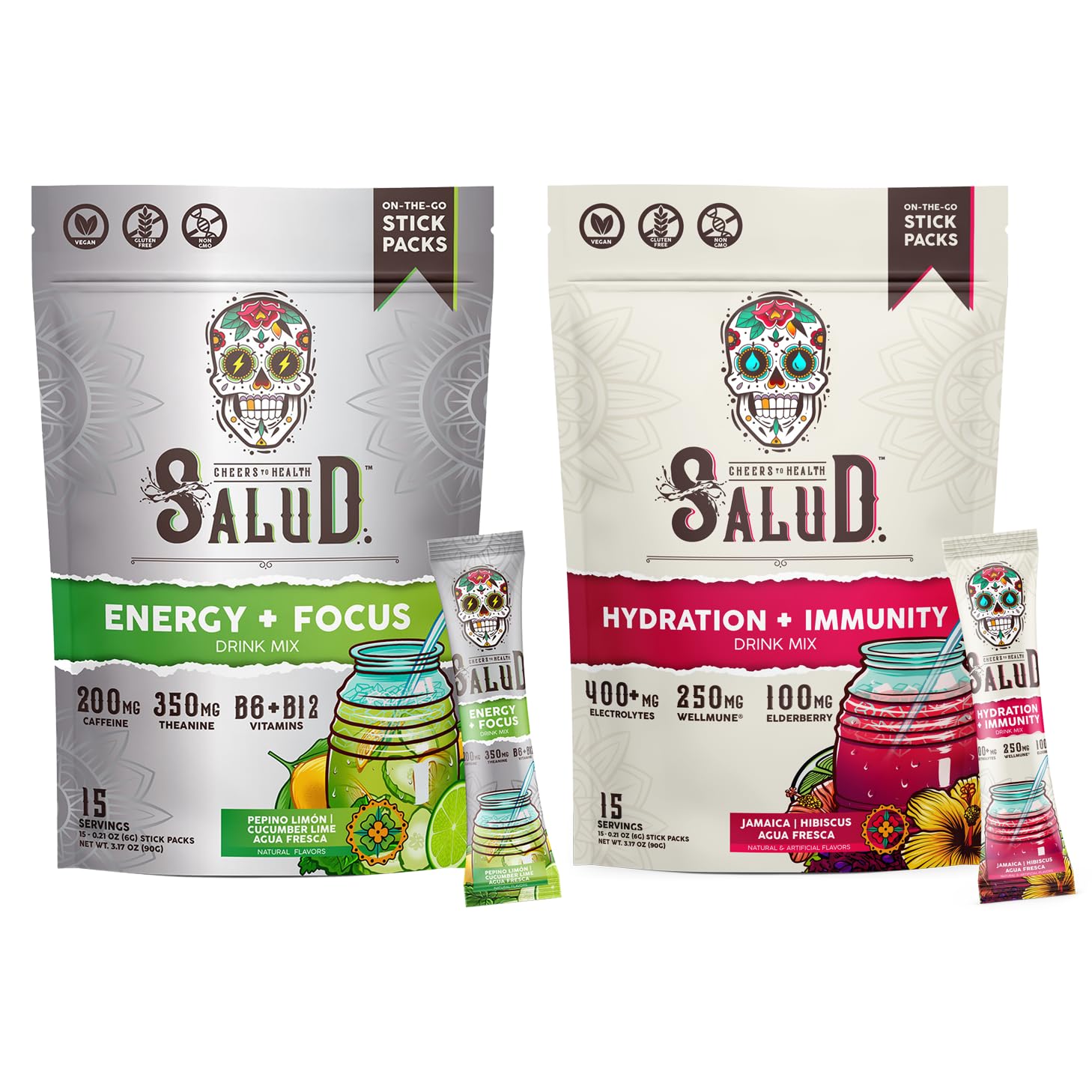 Salud 2-Pack |2-in-1 Energy + Focus (Cucumber Lime) & Hydration + Immunity (Hibiscus) – 15 Servings Each, Agua Fresca Drink Mix, Non-GMO, Gluten Free, Vegan, Low Calorie, 1g of Sugar