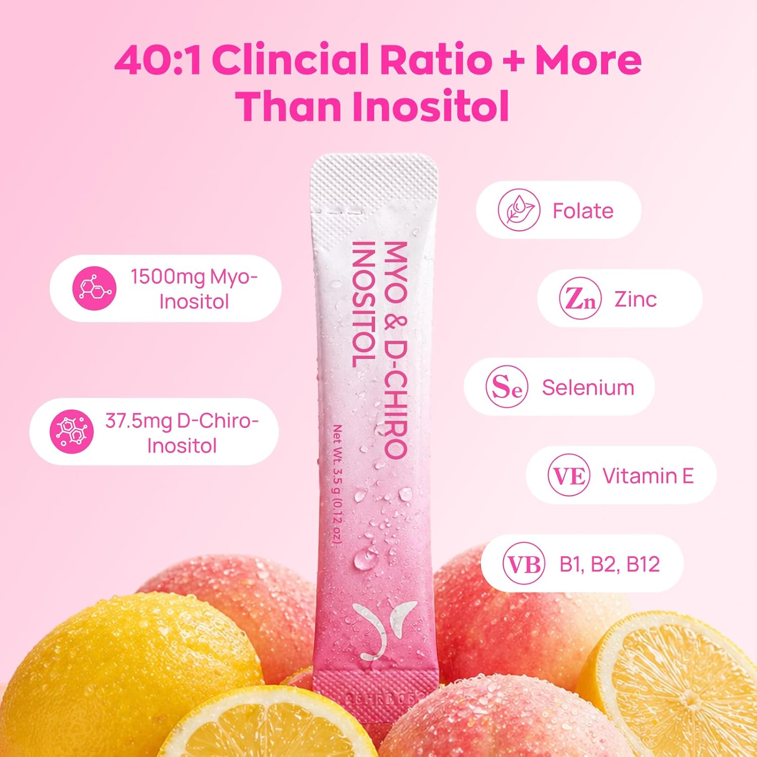Gynable Myo-Inositol & D-Chiro Inositol Supplement for Women - 40:1 Ratio, Peach Powder Drink Mix Stick Packets, Support Healthy Cycles, Hormonal Balance & Ovarian Health, 20 Servings