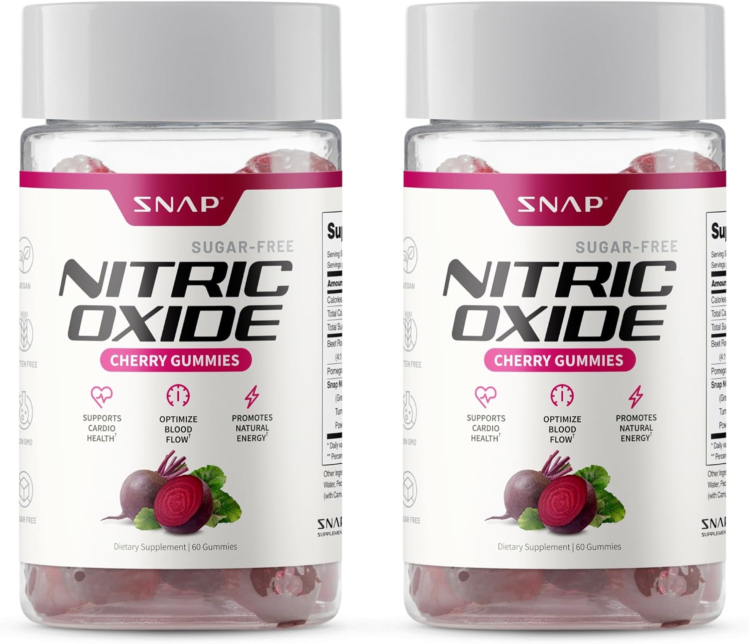 Snap Supplements Nitric Oxide Beet Root Gummies, Cherry, 60 Count (2-Pack) | Sugar Free, For Men & Women, Heart Health & Circulation, Organic Beetroot Extract, Natural Energy, B12, Beets Gummies