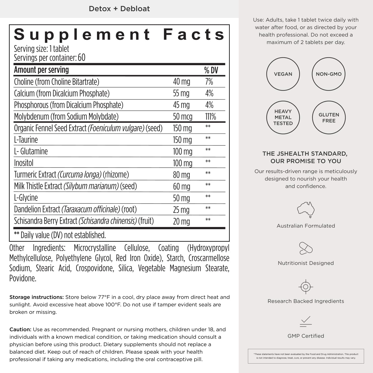 JSHealth Detox + Debloat. Bloating Relief for Women, 60 Tablets | Nutrionist-Formulated, Made with Milk Thistle, Turmeric, and Fennel. Liver Health and Gut Support.
