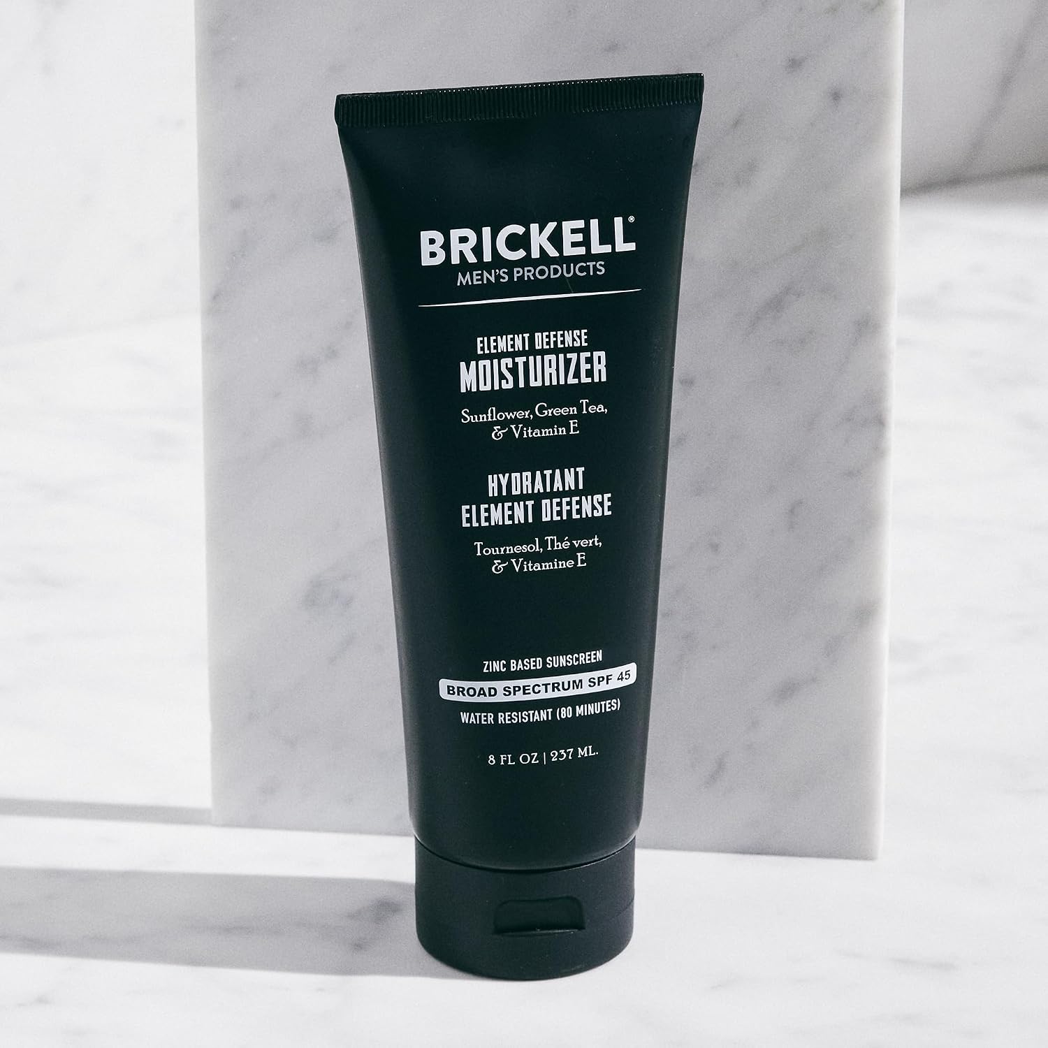 Brickell Men's Element Defense SPF45 Moisturizer for Men, Mineral Sunscreen, Hydrates and Protects Skin Against UVA/UVB Rays, With Zinc, Vitamin E, and Green Tea, 8 Ounce, Unscented