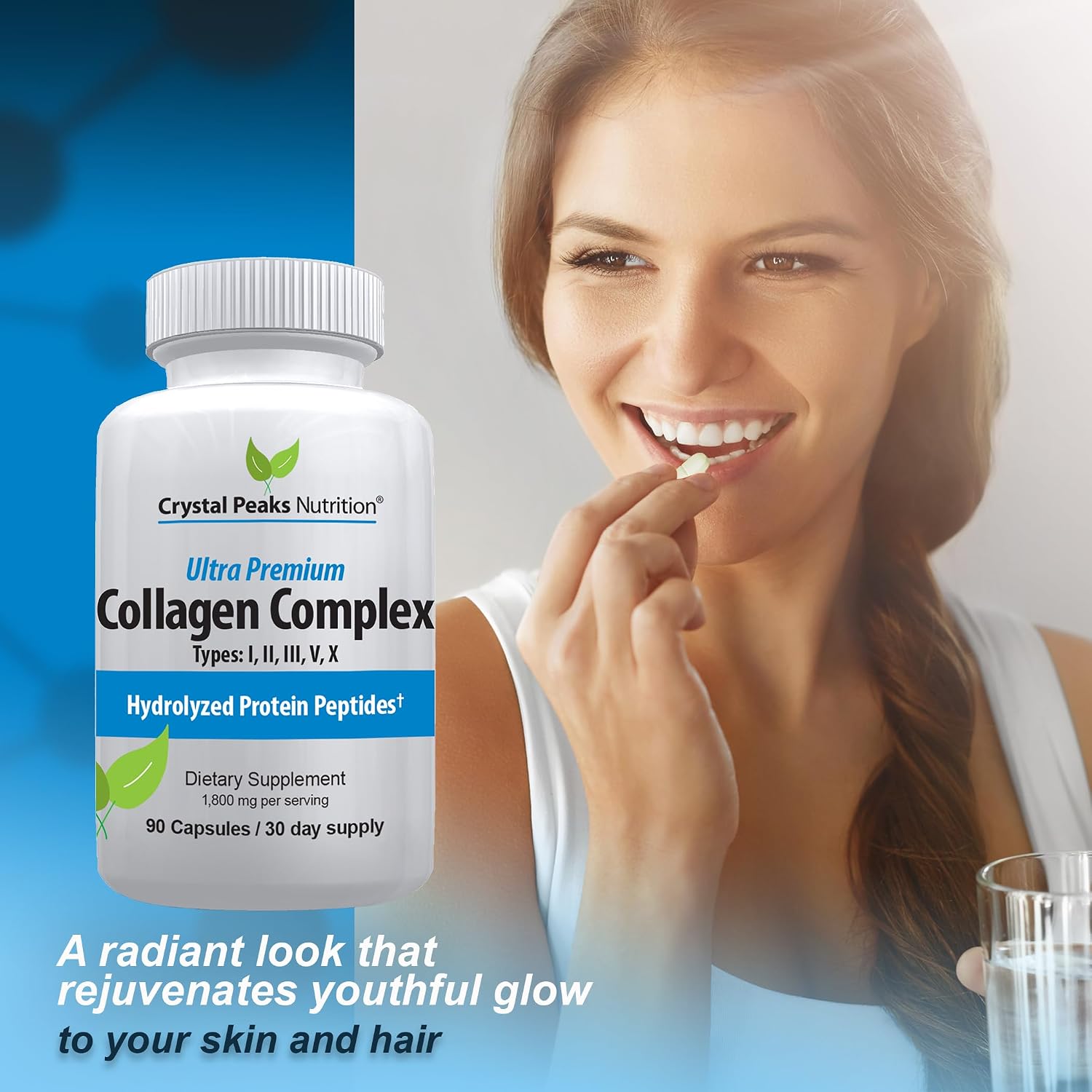 Collagen Peptide Pill - Types I, II, III, V, X - Anti-Aging - Premium Collagen Supplements & Collagen Pills - Hydrolyzed Protein Pills for Women & Men 1800 mg for Youthful Skin
