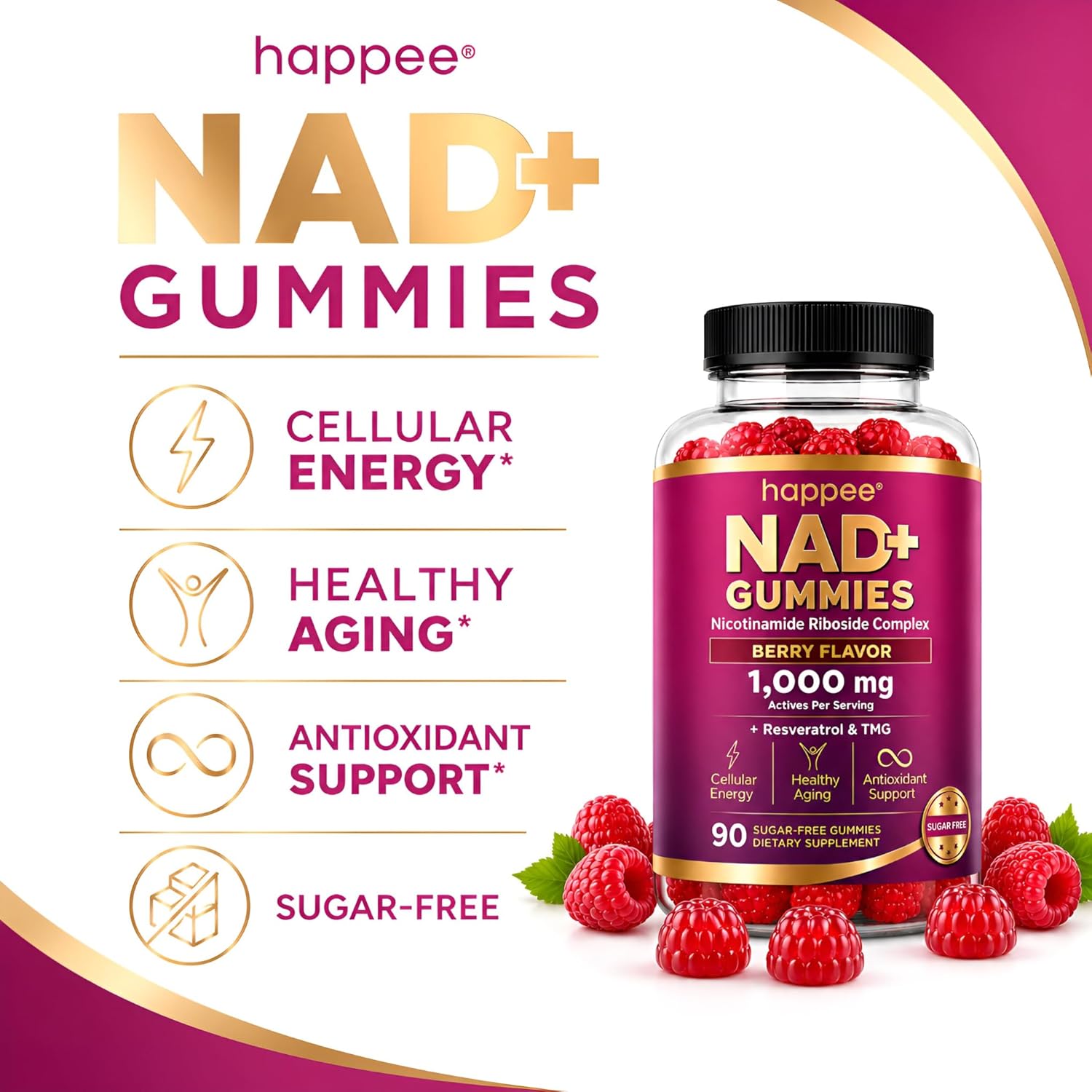 Happee NAD+ Gummies Supplement for Women & Men, Sugar-Free 1,000mg 90 Ct | Healthy Aging, Energy, & Focus 5-in-1 NAD Plus Resveratrol, Nicotinamide Riboside 500mg NR, TMG, Quercetin, & CoQ10