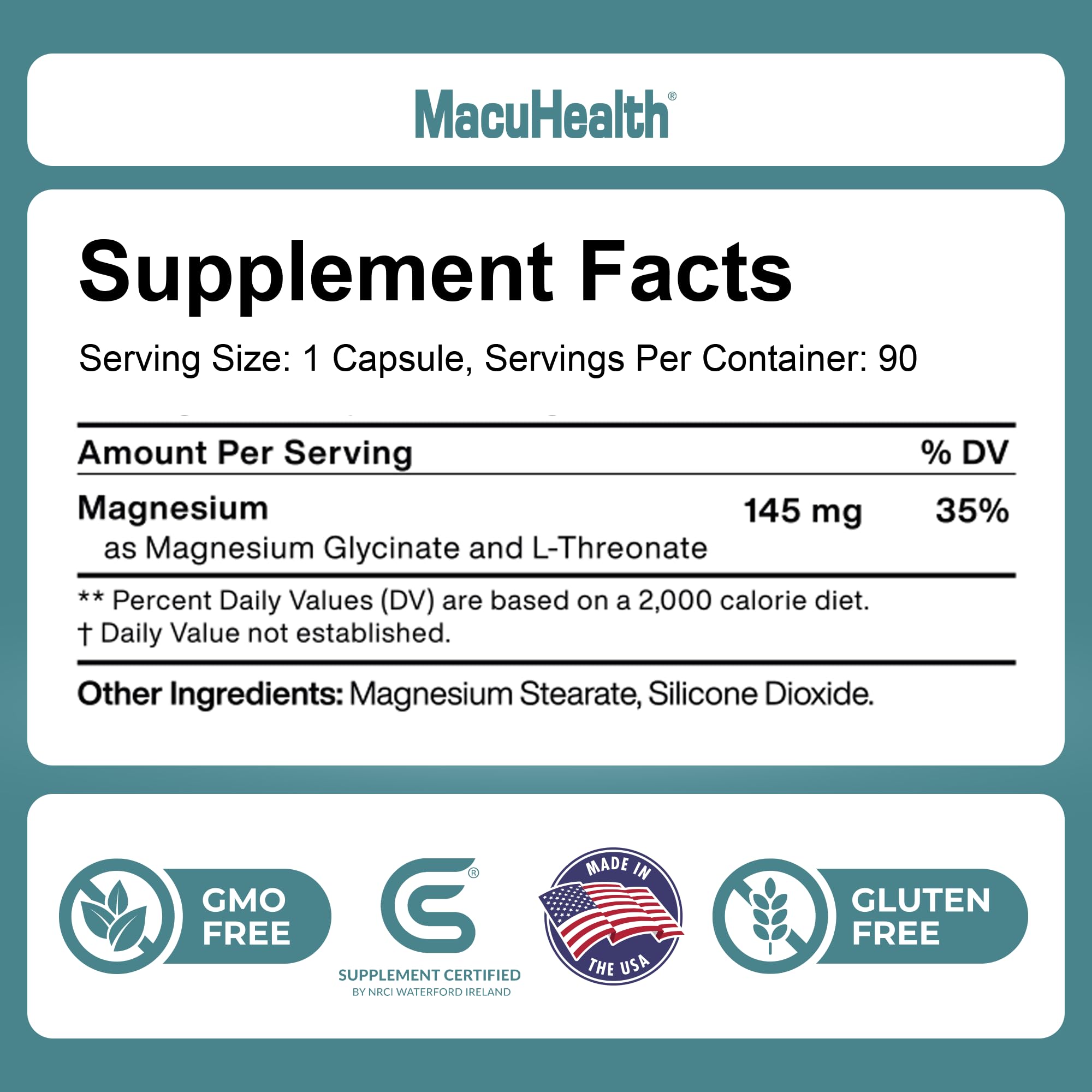 MacuHealth Magnesium Glycinate & L-Threonate 145mg - 90 Capsules - Highly Absorbable Magnesium for Energy, Calm & Focus - Gentle on Stomach, Vegan, Non-GMO