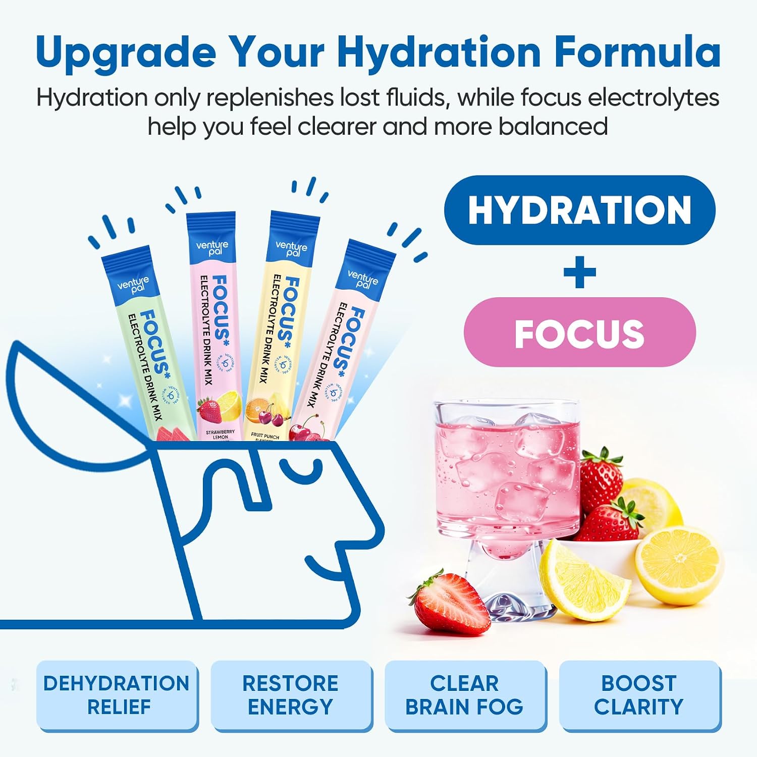Venture Pal 2-in-1 Focus Support Electrolytes Powder + High Sodium Sugar-Free Electrolyte Powder Packets Bundle, Hydration Packets with Vitamins, Lion's Mane, Ashwagandha, Sodium, Potassium & Magnesiu