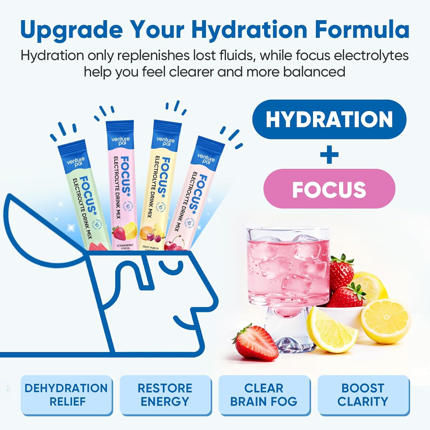 Venture Pal 2-in-1 Hydration Electrolytes Bundle – Focus & Immune Support Powder Packets, 7 Electrolytes, Vitamins, Magnesium, Lion’s Mane, L-Theanine, Elderberry, Sugar Free Drink Mix, 32 Sticks