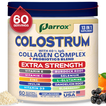 Parrox Colostrum Powder with 40% IgG, Collagen, Probiotics, Burdock Root, L-Glutamine, Elderberry, Vitamin C, Vitamin E, Vitamin D3, Inulin, Selenium, Dandelion Root, Zinc, 60 Servings (Unflavored) ParroxBuy Supplements Australia