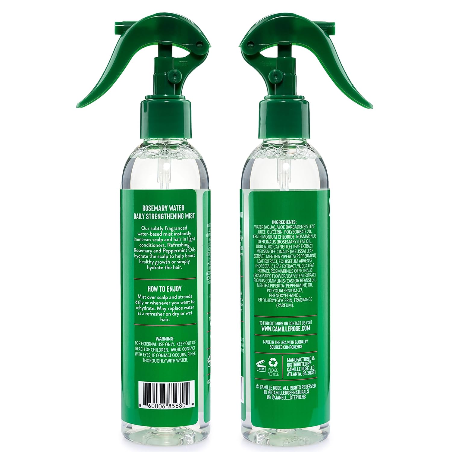 Camille Rose Rosemary Water, Daily Hair Strengthening Mist – Hydrating Refresher Spray with Rosemary Oil, Peppermint & Aloe Vera, 8 Oz Ea