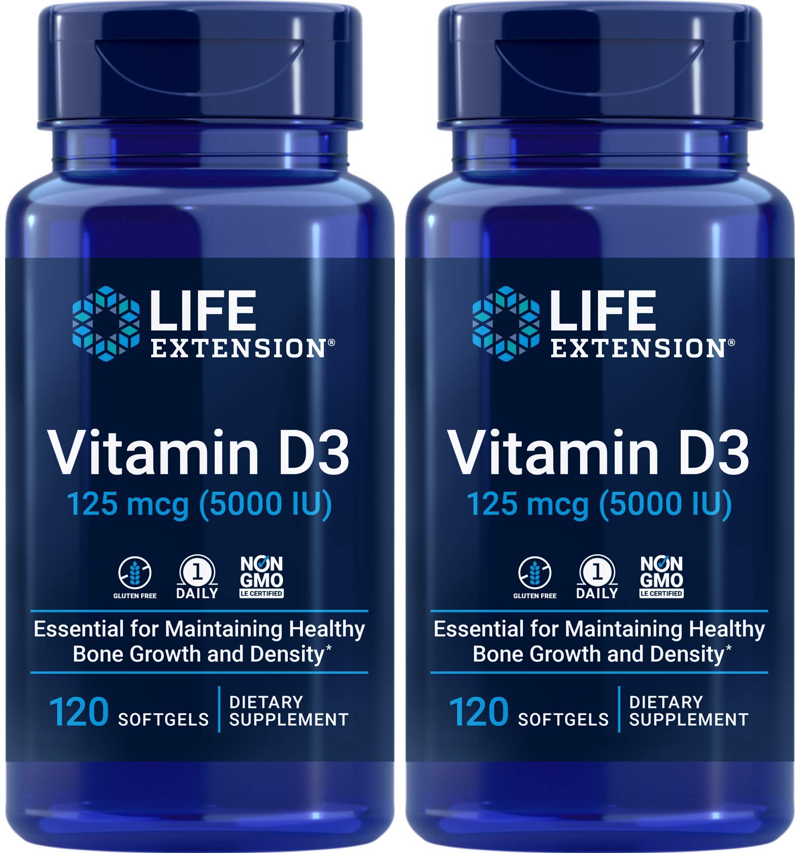 Life Extension Vitamin D3 5000 IU, 120 Softgels, 125mcg | 1 per day formula, Non-GMO and Gluten Free