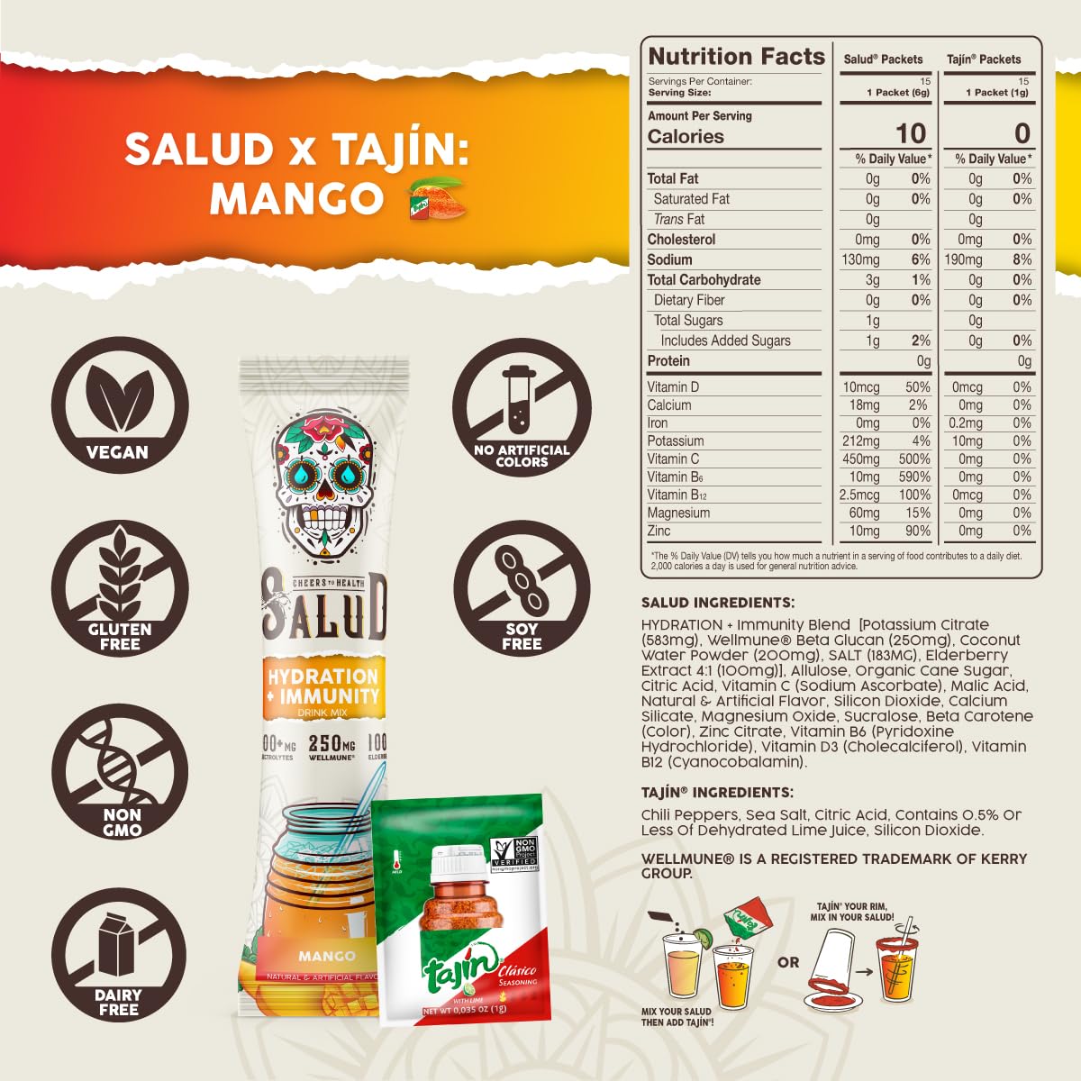 Salud 2-in-1 Hydration + Immunity Drink Mix, Cucumber Lime | Electrolytes Powder, Agua Fresca, Elderberry, Dairy & Soy Free, Non-GMO, Gluten Free, Vegan, 1g Sugar (15 Servings)