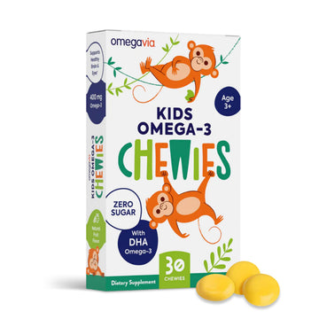 OmegaVia Omega 3 Chewies, Daily DHA Chewable Vitamins for Kids, Omega 3 for Ages 3-12 to Support Brain & Eye Health, Sugar-Free Natural Fruit Flavor, Omega 3 Fish Oil, 30 Individual Packets