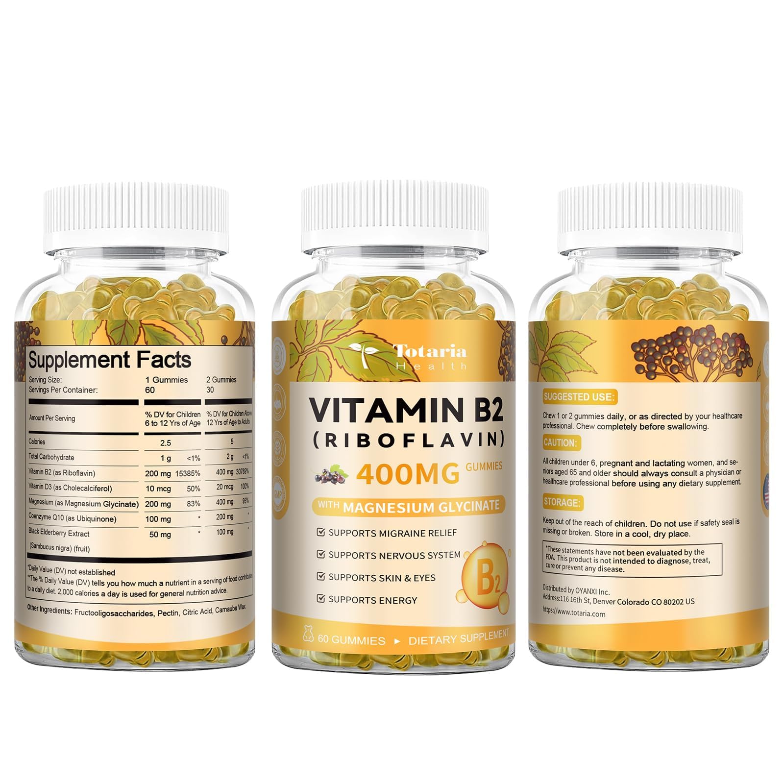 Totaria Vitamin B2 Gummies, Sugar Free Riboflavin 400mg Supplement for Adults & Kids with Magnesium Glycinate 400mg, COQ10 & Elderberry, Skin & Nervous System Support, Non-GMO, 60 Gummies