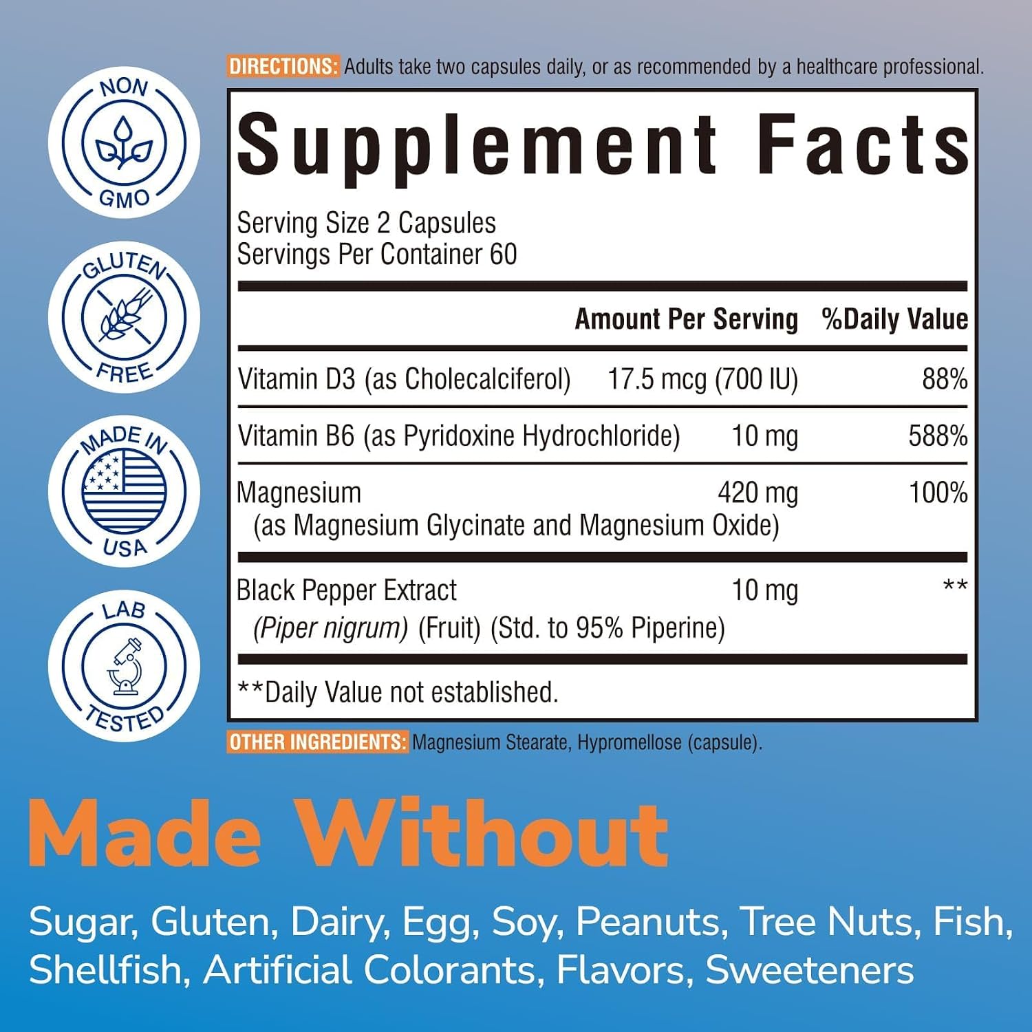 Vitalibre Magnesium Glycinate 420mg with Vitamin D3 B6, 120 Vegan Capsules | Chelated & Buffered Magnesium Supplement | High Absorption for Nerve, Bone, Heart, Mood, Sleep Support, Non-GMO