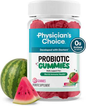 Physician's CHOICE Probiotic Gummies with Vitamin D & Prebiotic Fiber - Sugar Free - 1B CFUs of Clinically Studied Probiotic - Supports Immune & Gut Health for Women & Men - Watermelon Flavor - 60CT